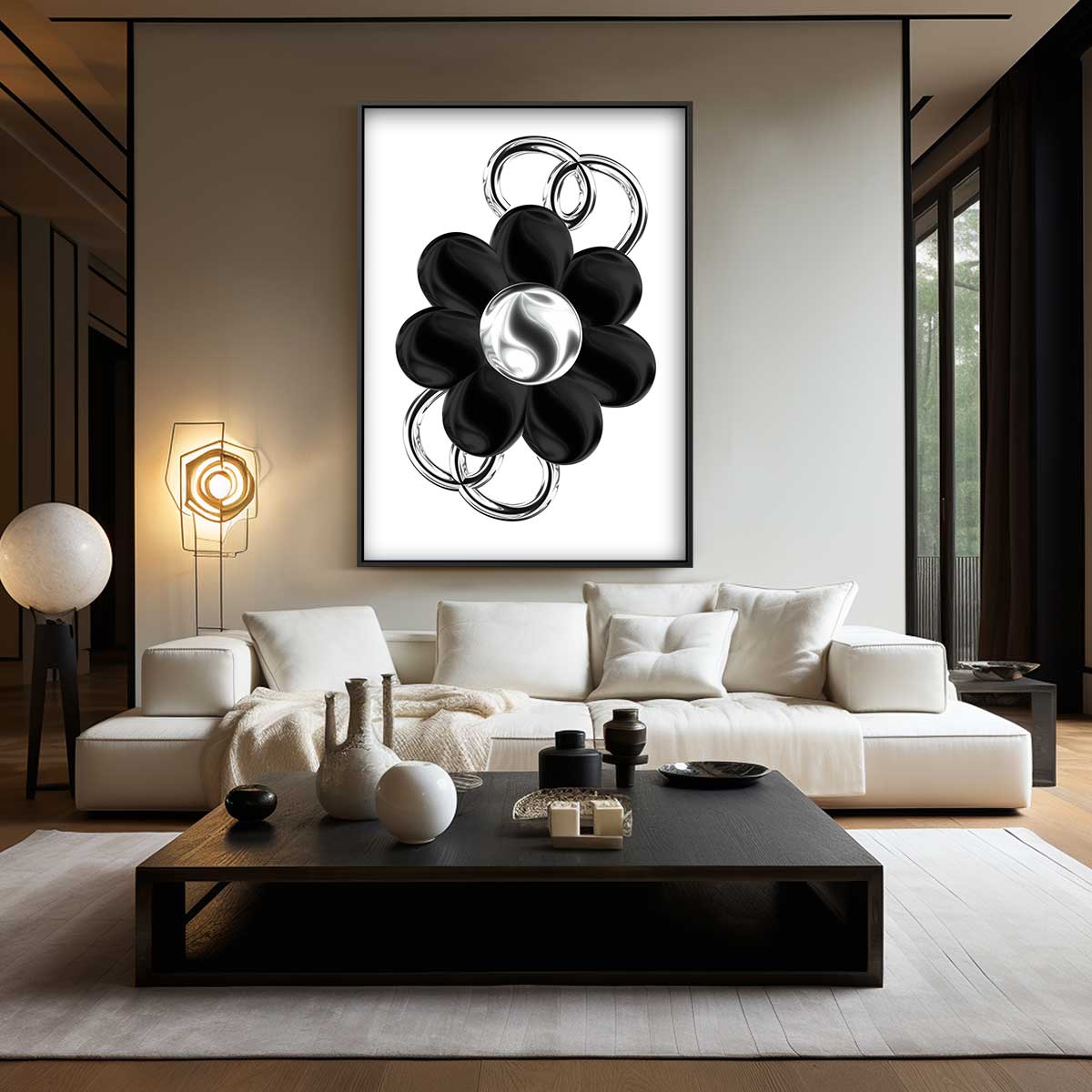 Bloem in Zilver en Zwart Kunstwerk-canvas-dibond-plexiglas-wanddecoratie-WallArtistic