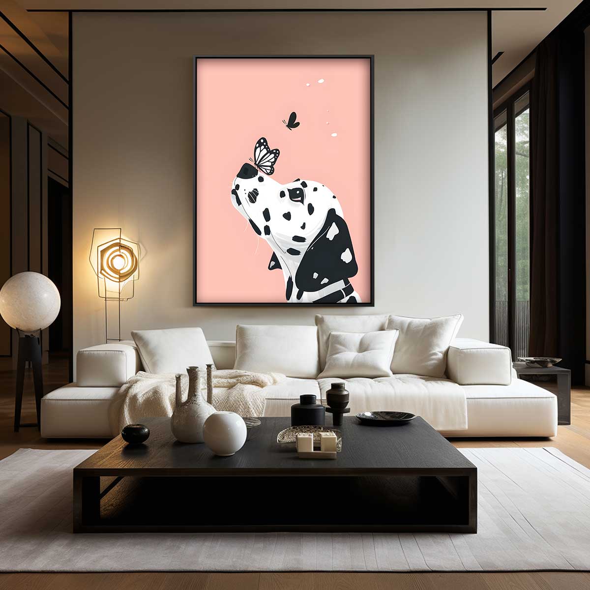 Dalmatier en Vlinder op Zachtroze Kunstwerk-canvas-dibond-plexiglas-wanddecoratie-WallArtistic
