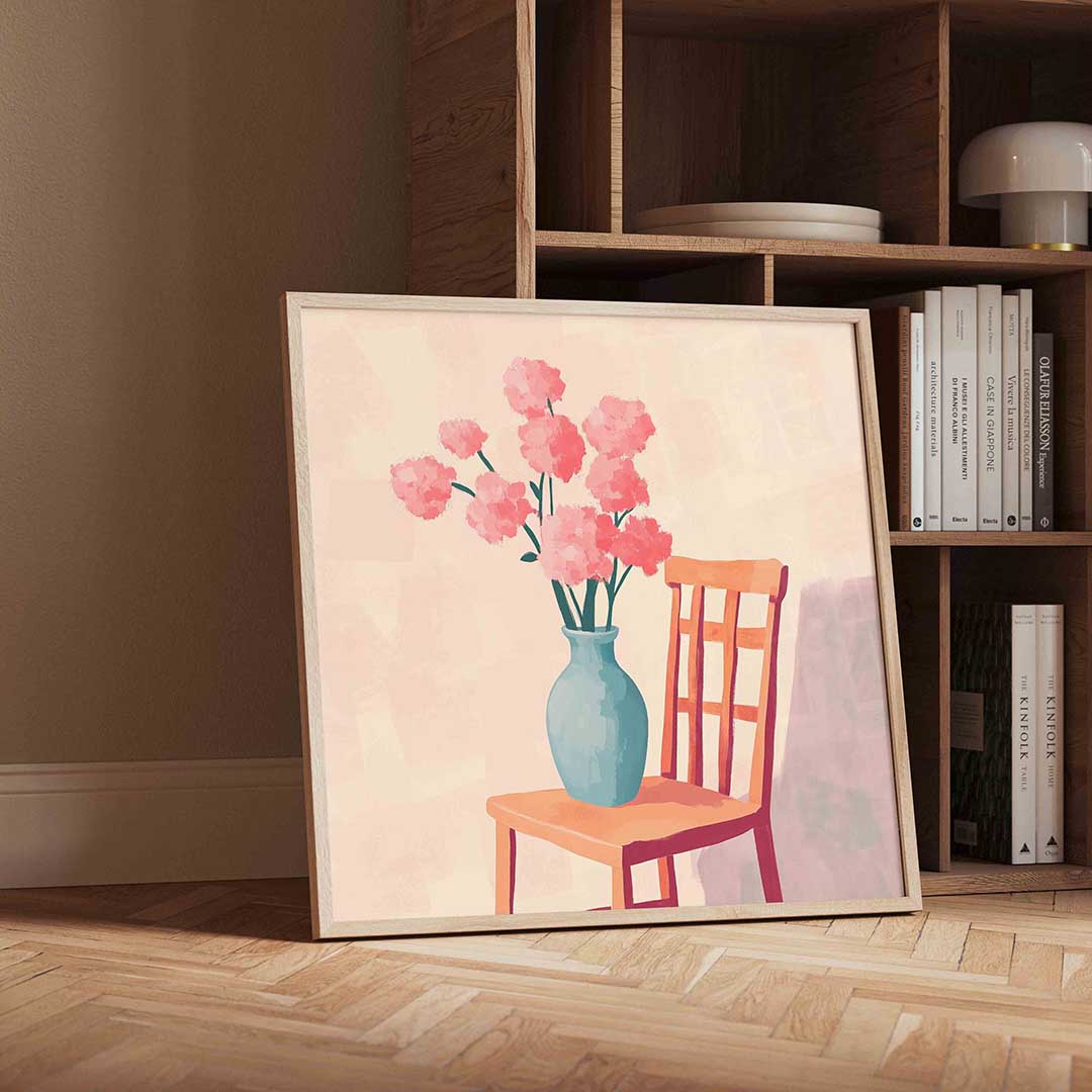 Bloemen in vaas op stoel Poster