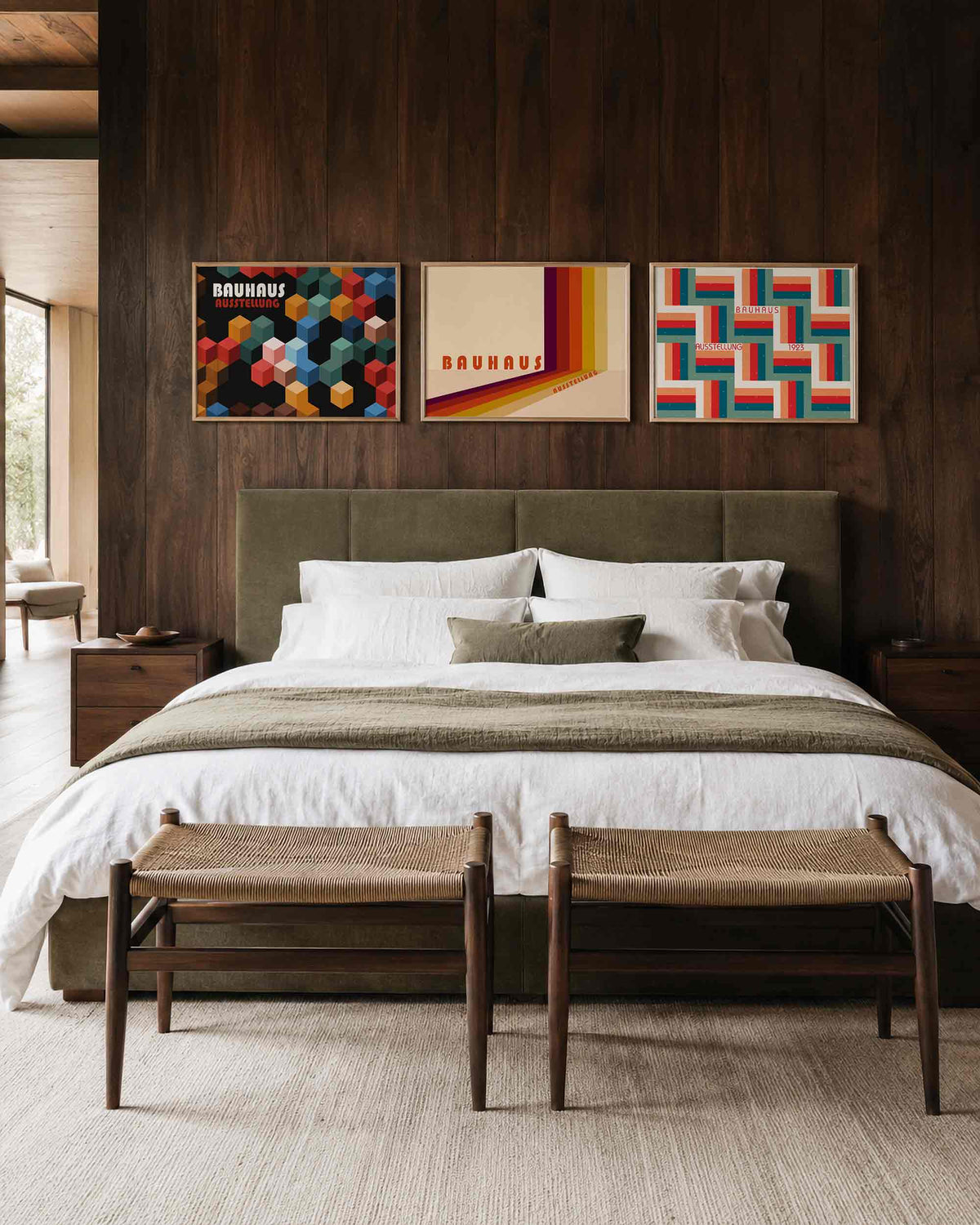 Interieurmockup van drieluik landscape-posterset met kubussen en kleurbanen