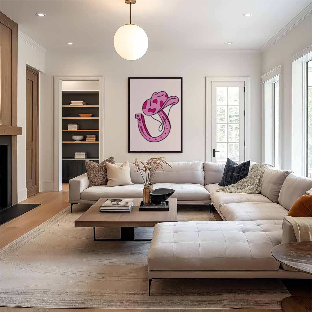 Roze Cowboyhoed en Hoefijzer Illustratie Kunstwerk-canvas-dibond-plexiglas-wanddecoratie-WallArtistic