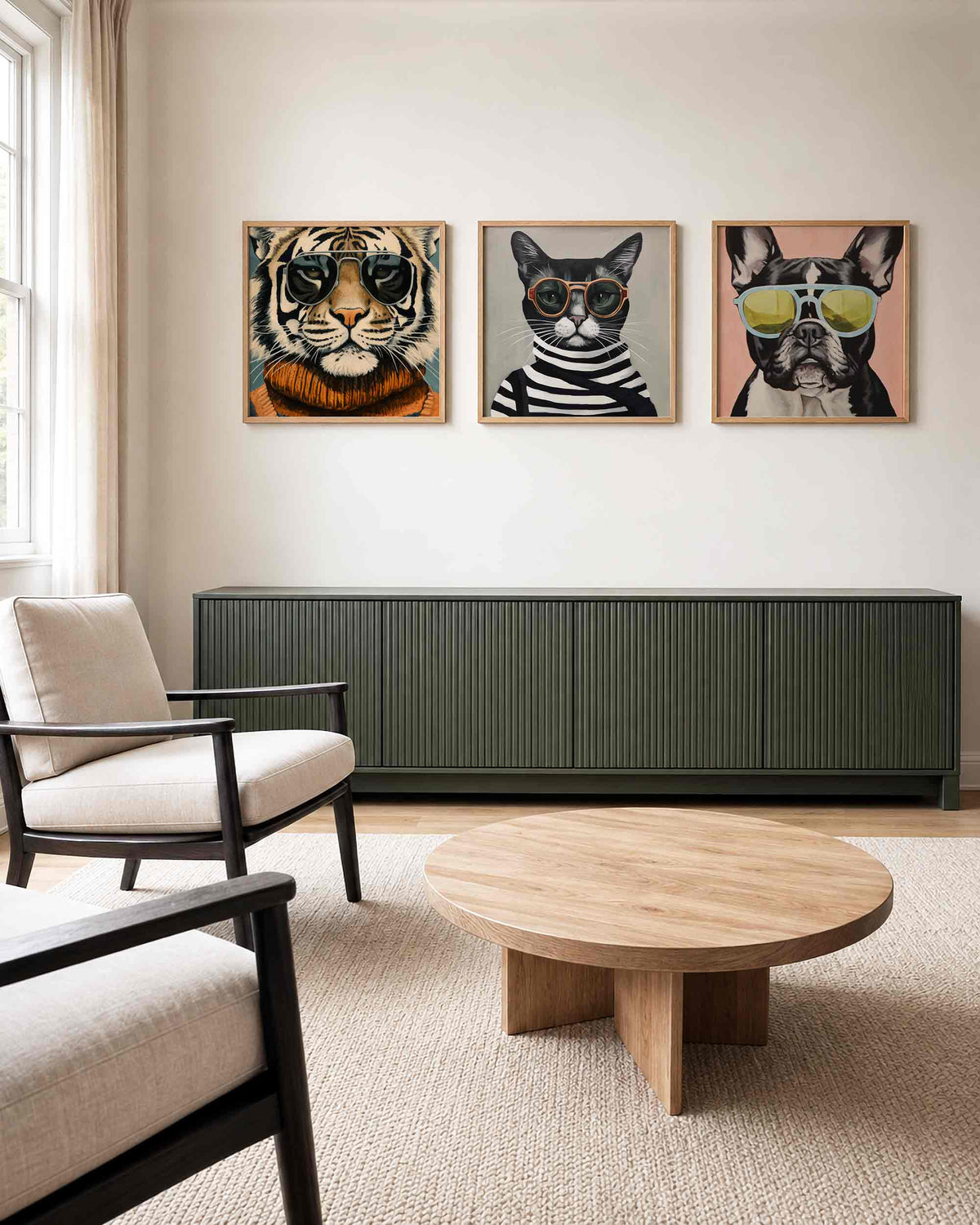 Interieurpresentatie van een driedelige vierkante posterset met dieren met zonnebrillen