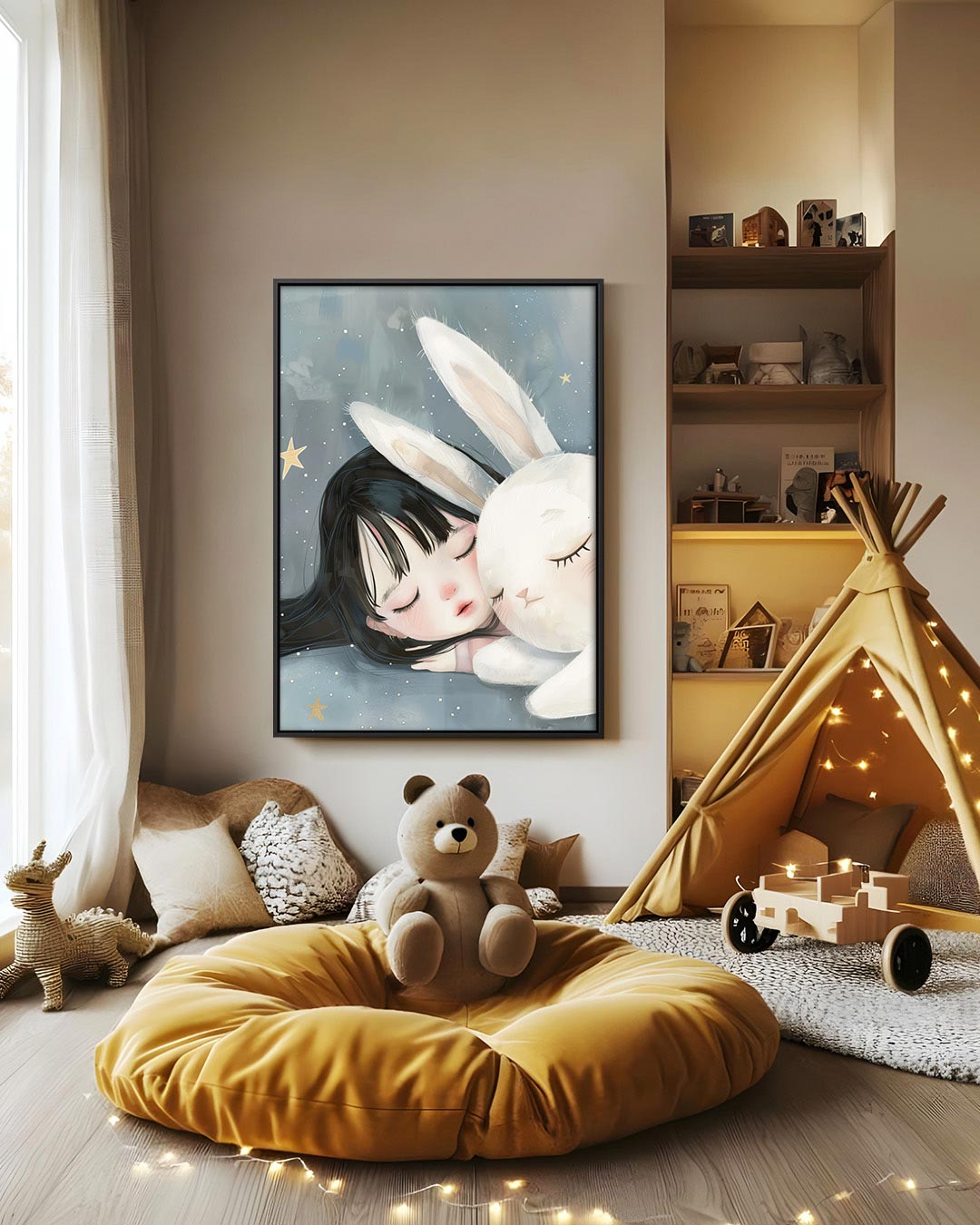 Dromerig kind en konijn Kunstwerk