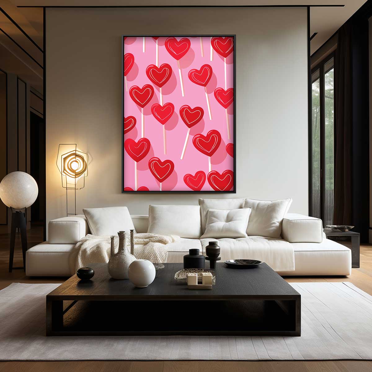 Hartvormige Lollies Op Roze Achtergrond Kunstwerk-canvas-dibond-plexiglas-wanddecoratie-WallArtistic