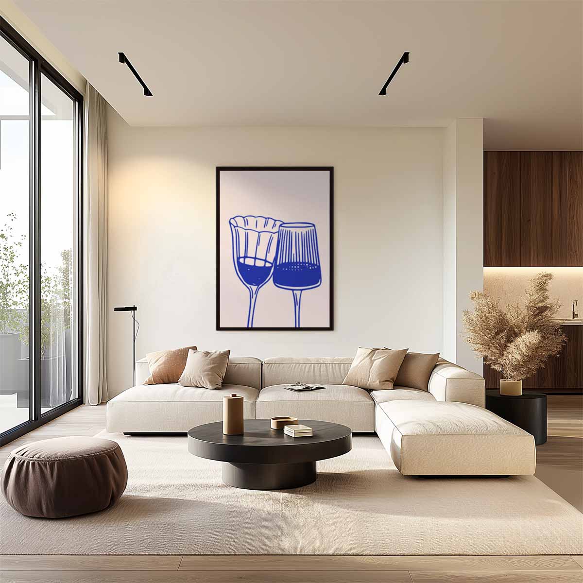 Elegante Blauw-witte Wijnglazen Illustratie Kunstwerk-canvas-dibond-plexiglas-wanddecoratie-WallArtistic