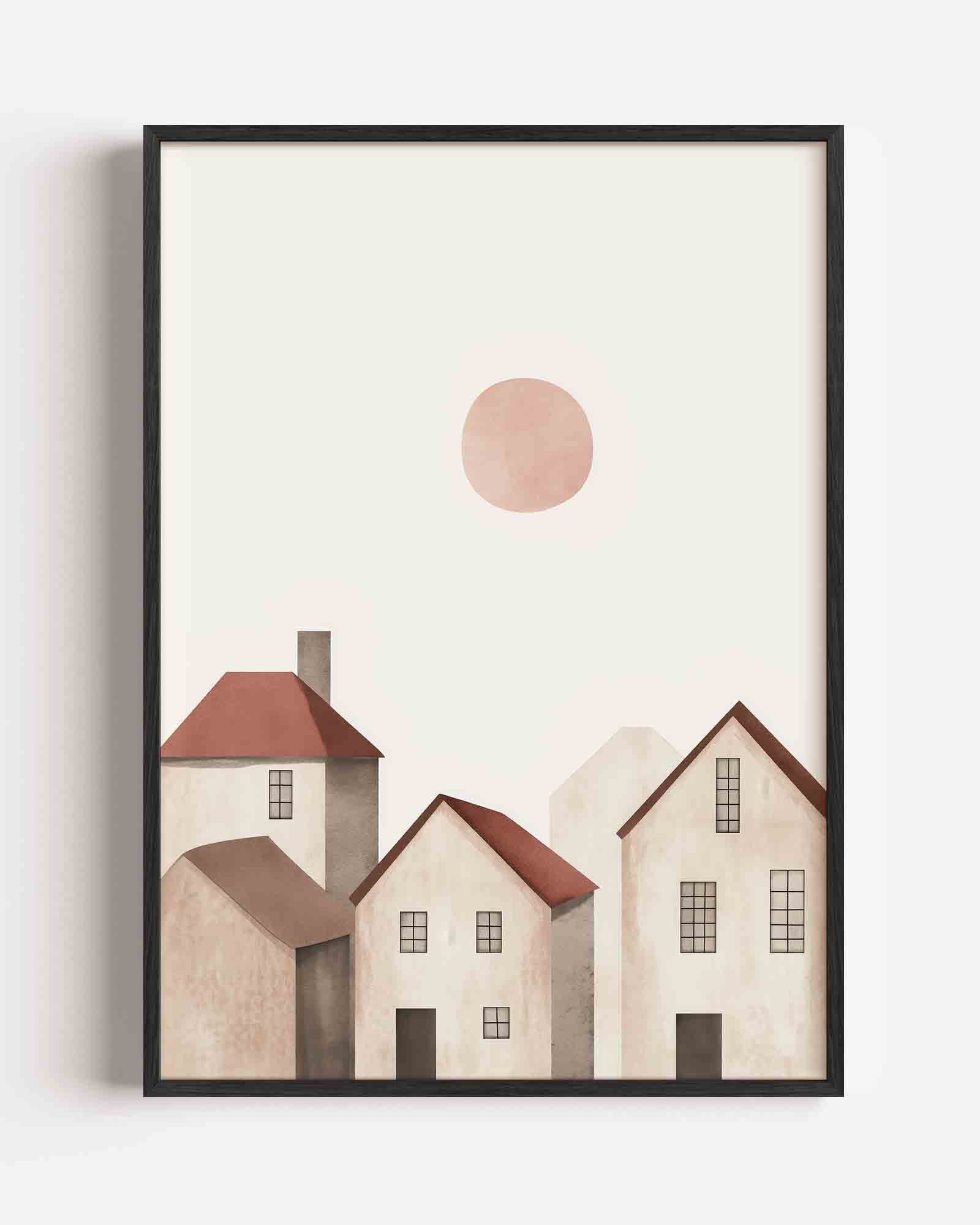 Huizen met zon Poster