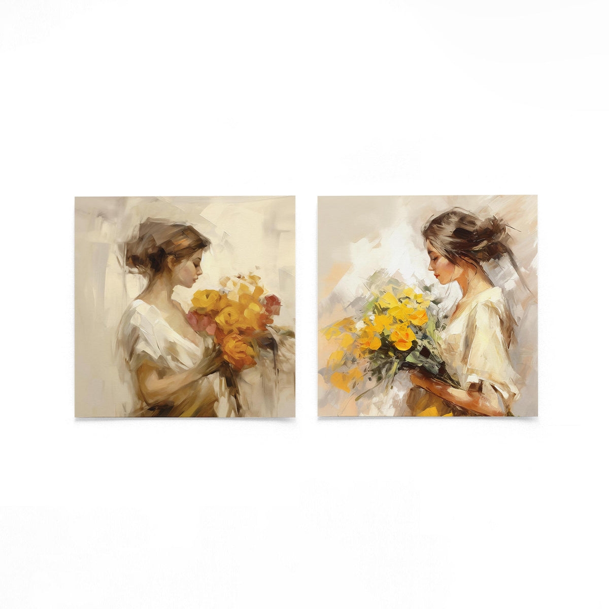 Twee vierkante posters met vrouwen met bloemen op een gebroken witte achtergrond