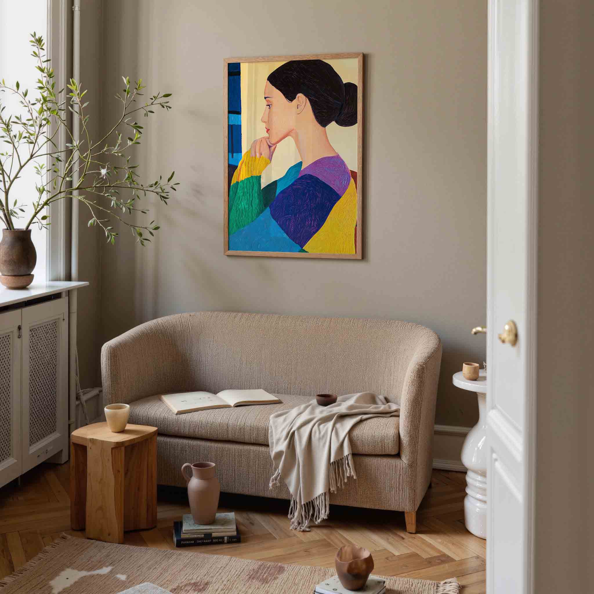 Vrouw in kleurrijke trui Poster