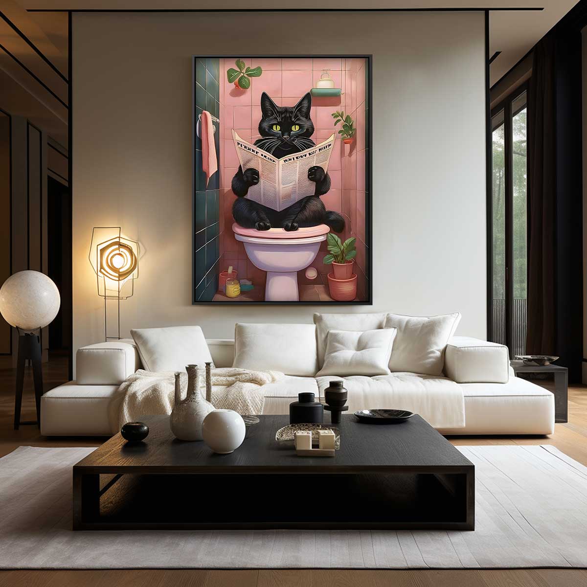 Kat Met Krant in de Badkamer Kunstwerk-canvas-dibond-plexiglas-wanddecoratie-WallArtistic