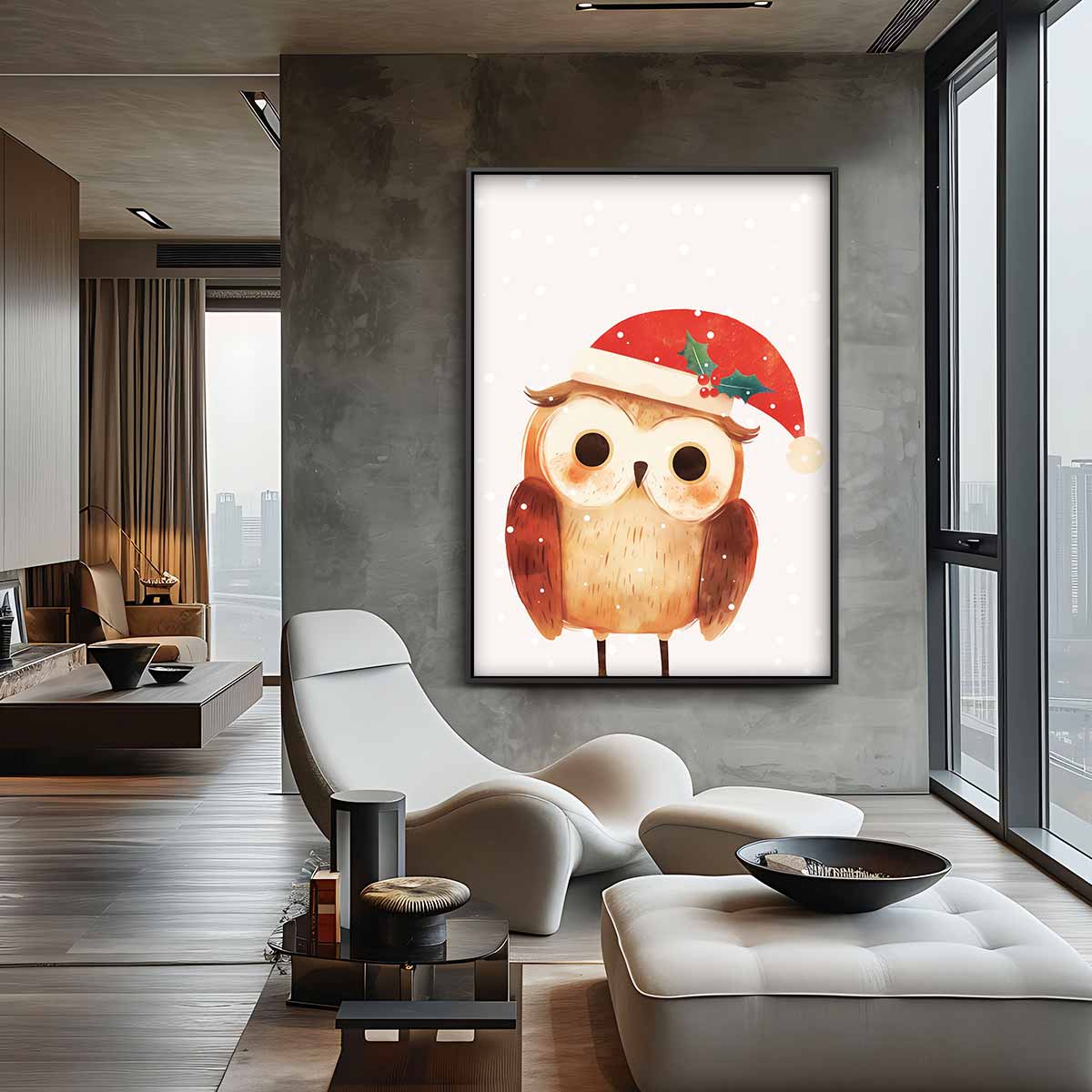 Kerstuil met Kerstmuts Kunstwerk-canvas-dibond-plexiglas-wanddecoratie-WallArtistic