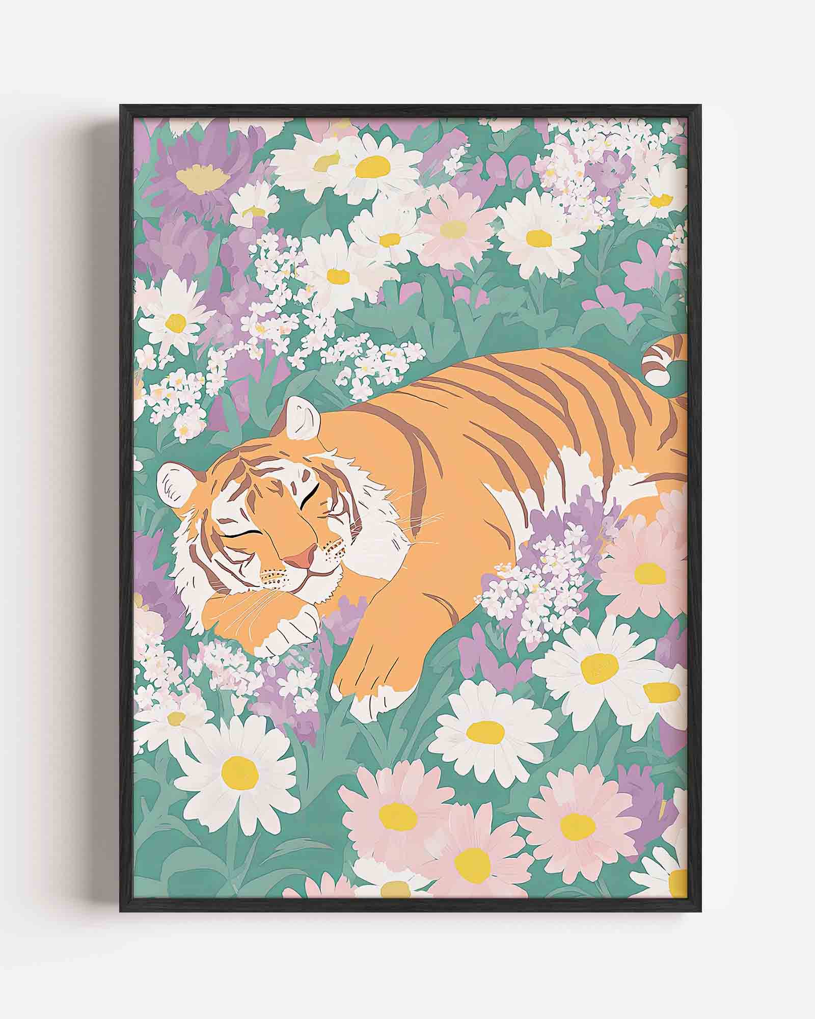 Slapende tijger tussen bloemen Poster