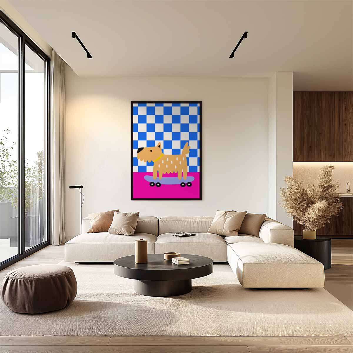 Hippe Hond op Skateboard Kunstwerk-canvas-dibond-plexiglas-wanddecoratie-WallArtistic