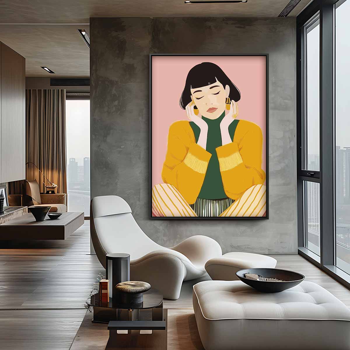 Mediterende Vrouw in Stijlvolle Armoede Kunstwerk-canvas-dibond-plexiglas-wanddecoratie-WallArtistic