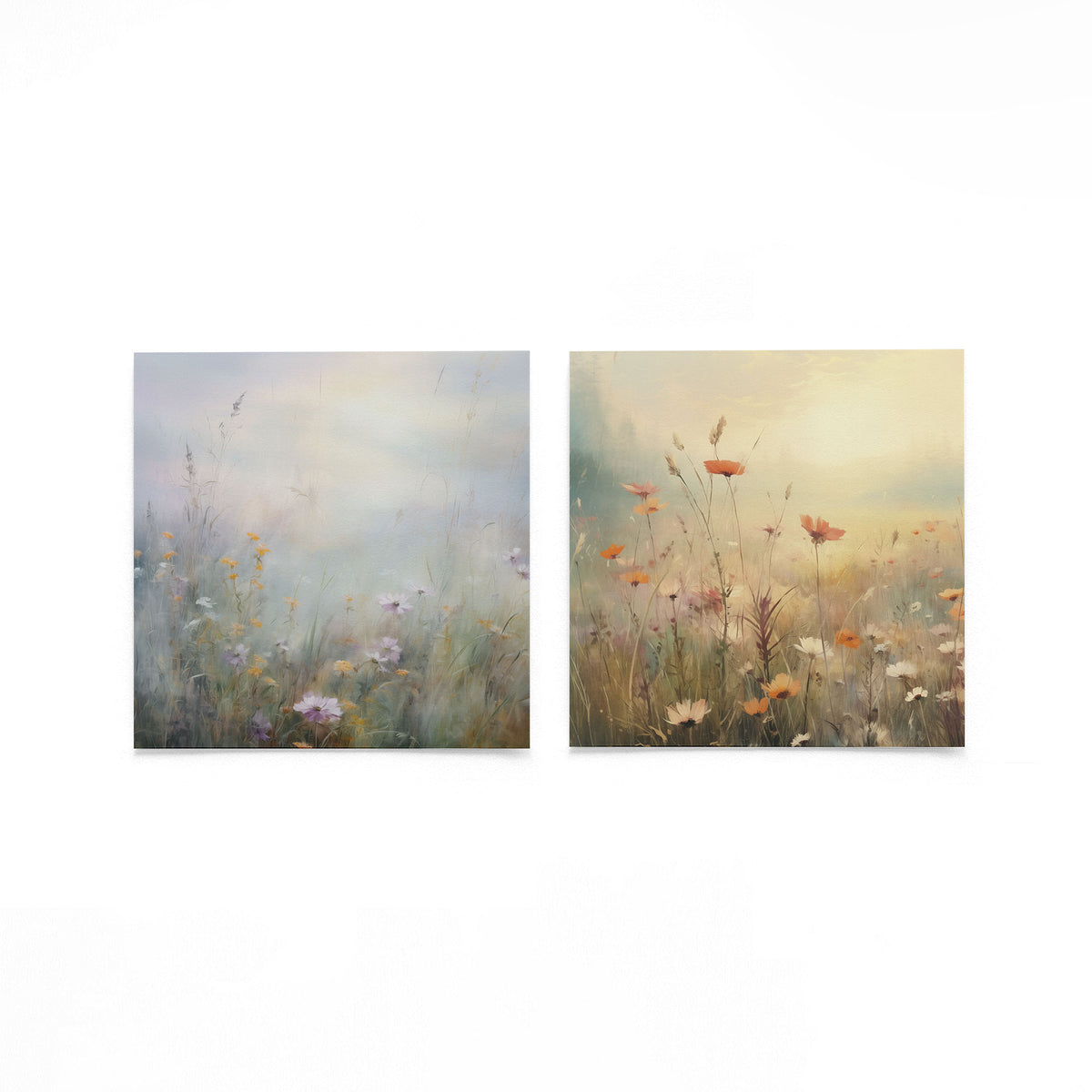 Twee vierkante posters met wilde bloemen op een gebroken witte achtergrond