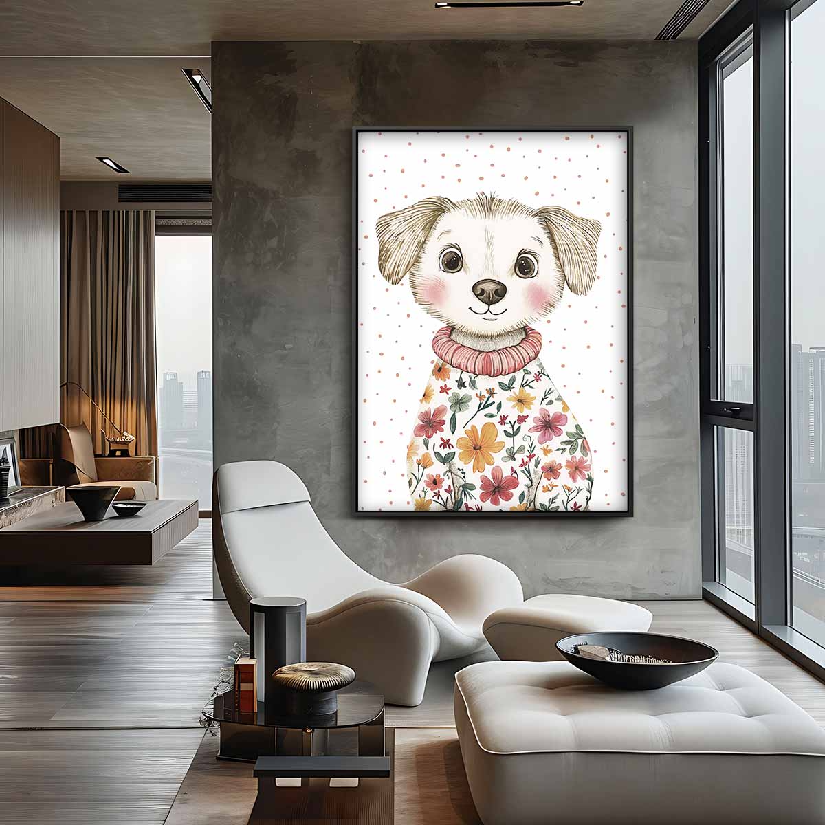 Vrolijke Pup in Bloemenjas Kunstwerk-canvas-dibond-plexiglas-wanddecoratie-WallArtistic