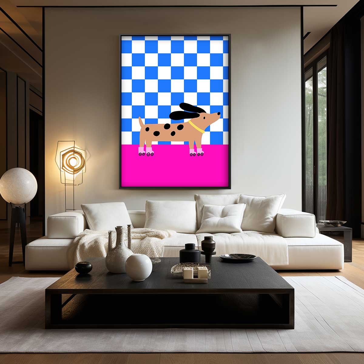Hond op Rolschaatsen in Stijlvol Patroon Kunstwerk-canvas-dibond-plexiglas-wanddecoratie-WallArtistic