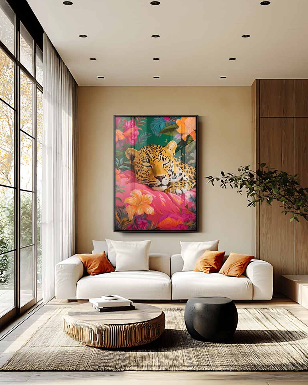 Sluimerende Luipaard in Bloemenpracht Kunstwerk-canvas-dibond-plexiglas-wanddecoratie-WallArtistic