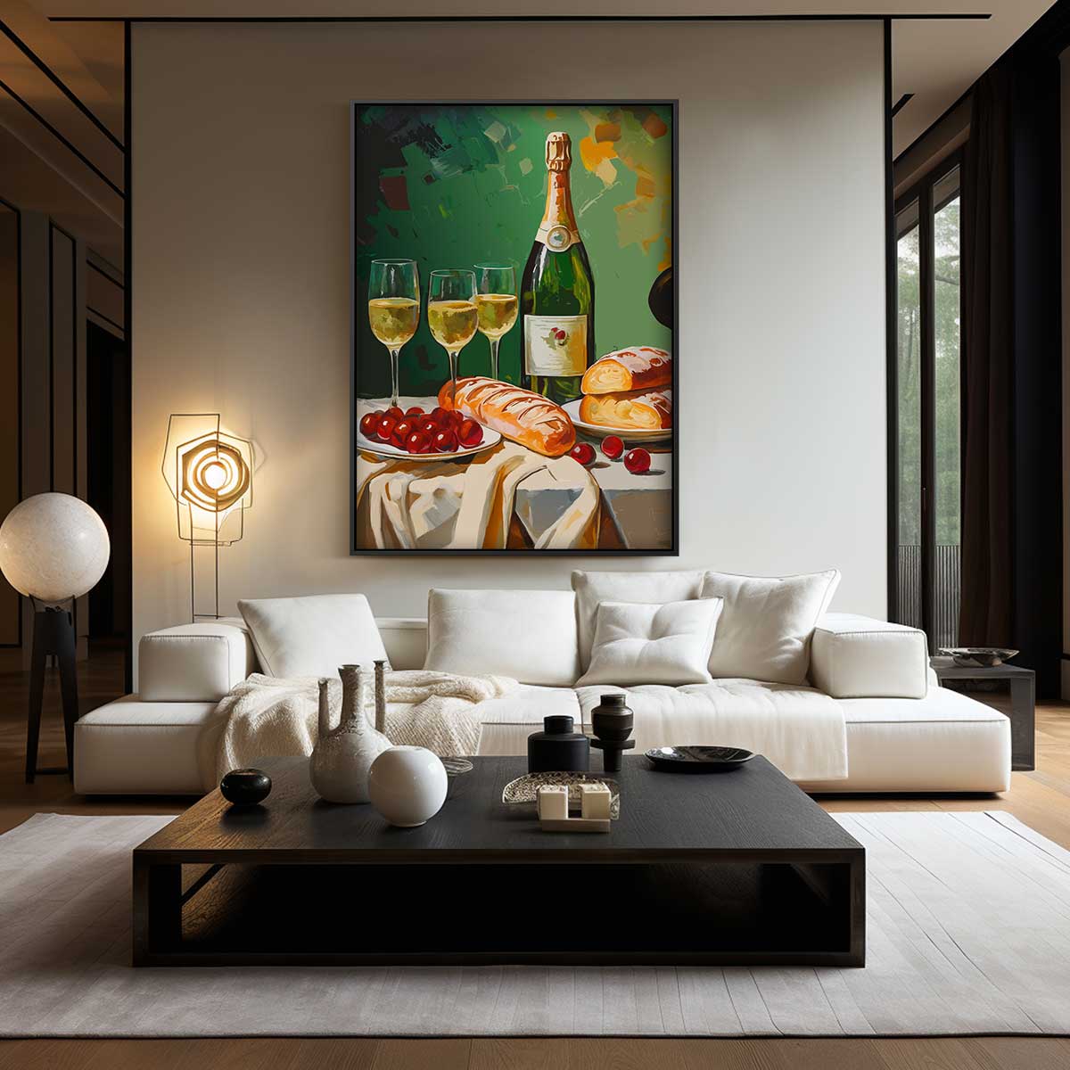 Luxe Stilleven met Champagne en Brood Kunstwerk-canvas-dibond-plexiglas-wanddecoratie-WallArtistic