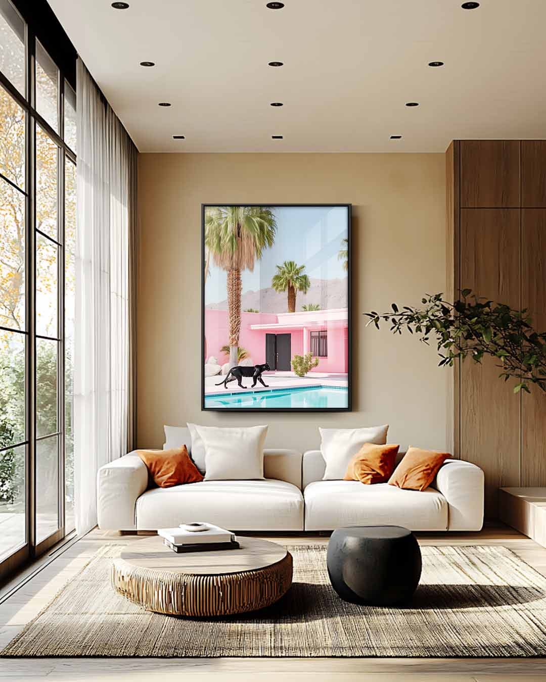 Zwervende Panter bij Roze Oase Kunstwerk-canvas-dibond-plexiglas-wanddecoratie-WallArtistic