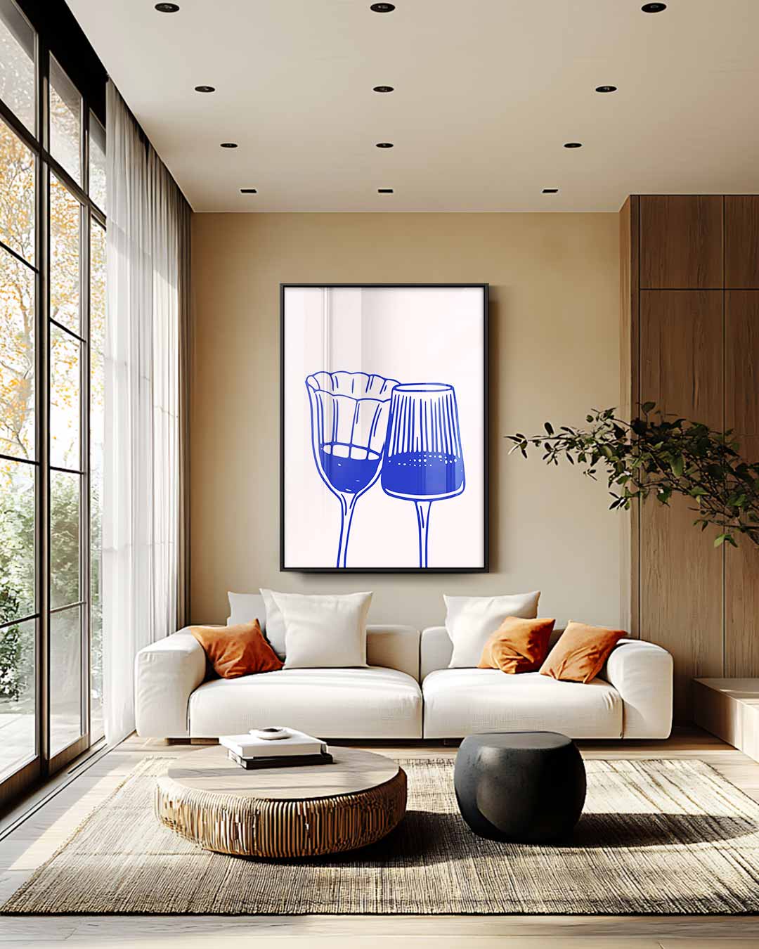 Elegante Blauw-witte Wijnglazen Illustratie Kunstwerk-canvas-dibond-plexiglas-wanddecoratie-WallArtistic