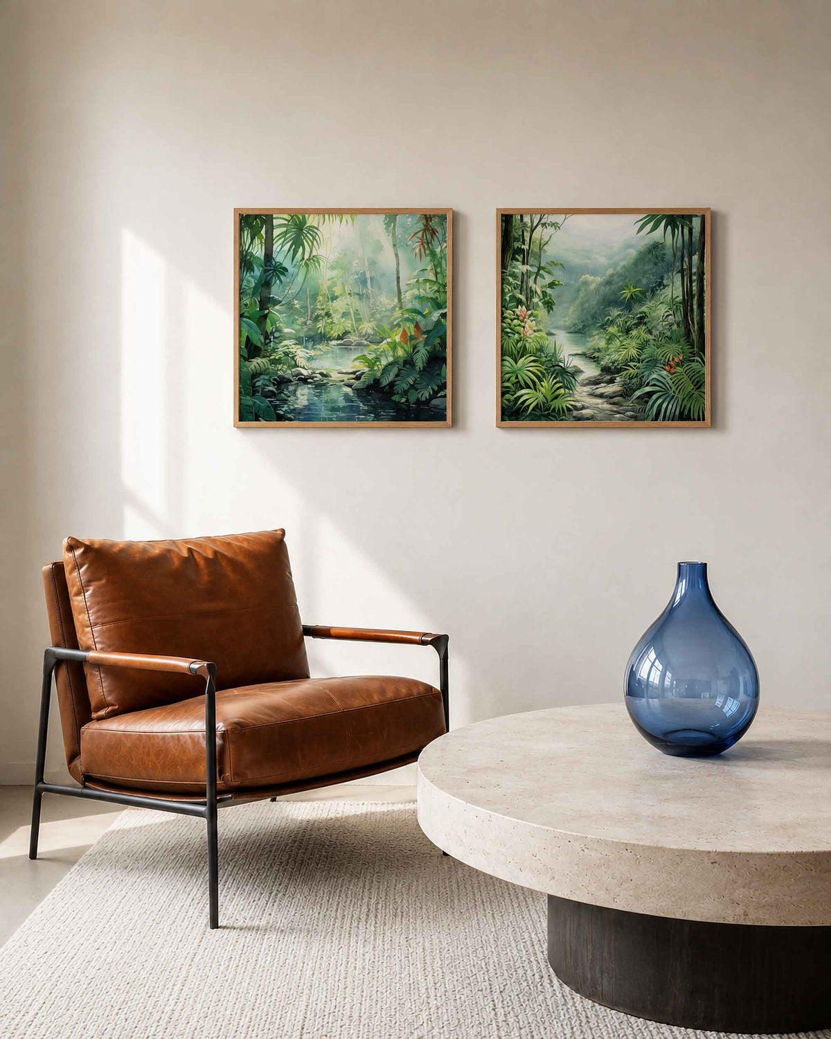 Interieurpresentatie van een tweedelige vierkante posterset met tropische jungle