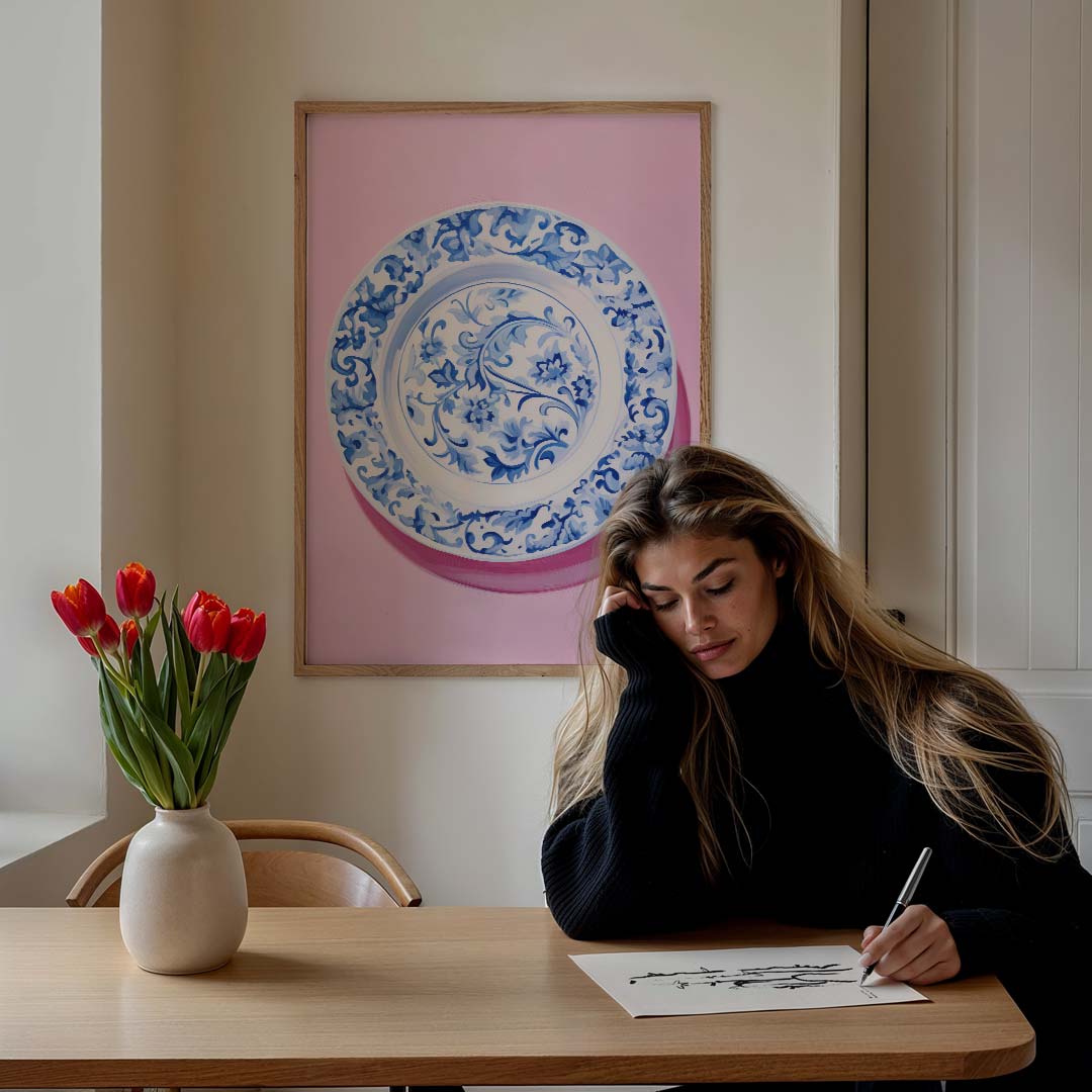 Elegant Blue Floral Plate Poster-WallArtistic