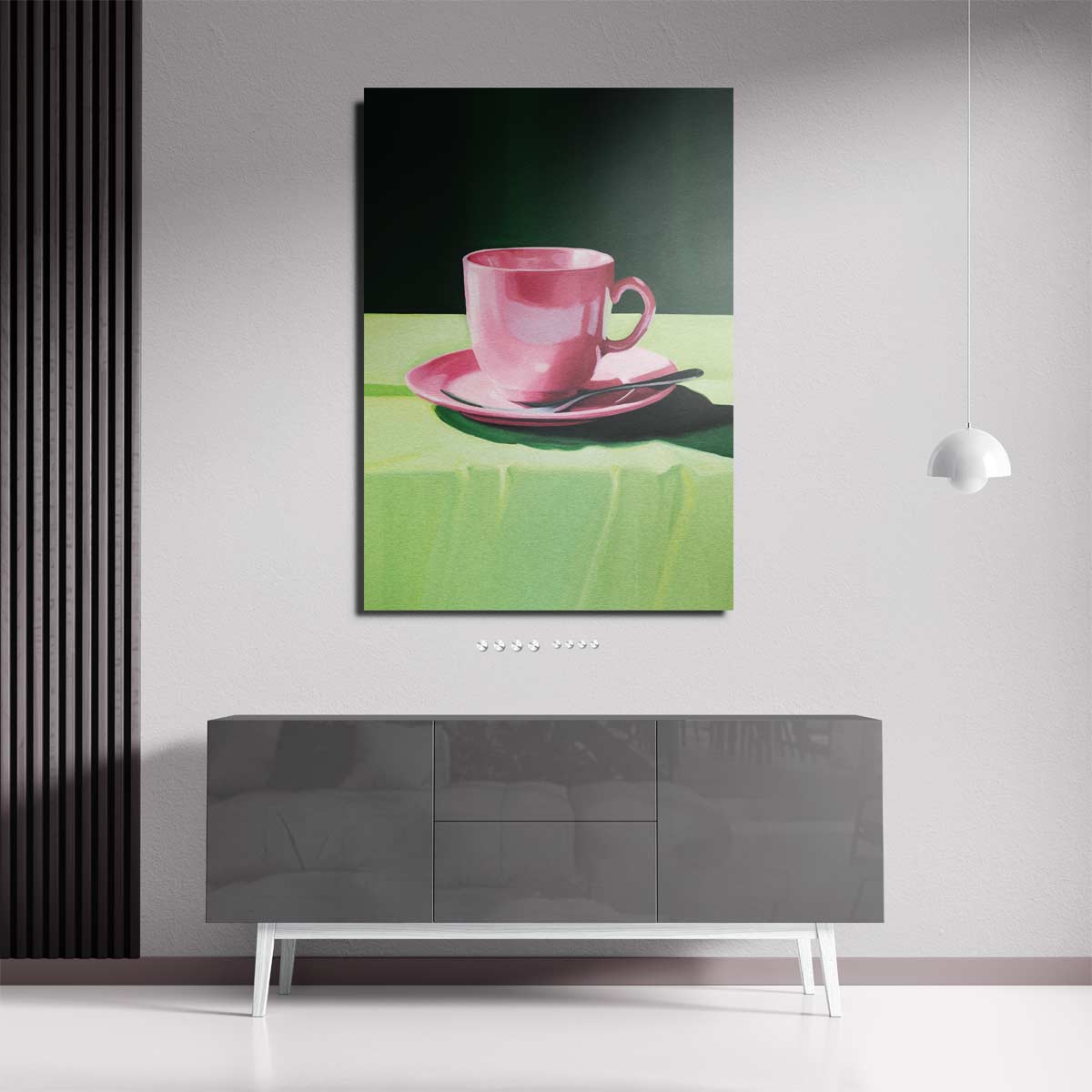 Roze Kopje op Groen Tafellaken Kunstwerk-canvas-dibond-plexiglas-wanddecoratie-WallArtistic
