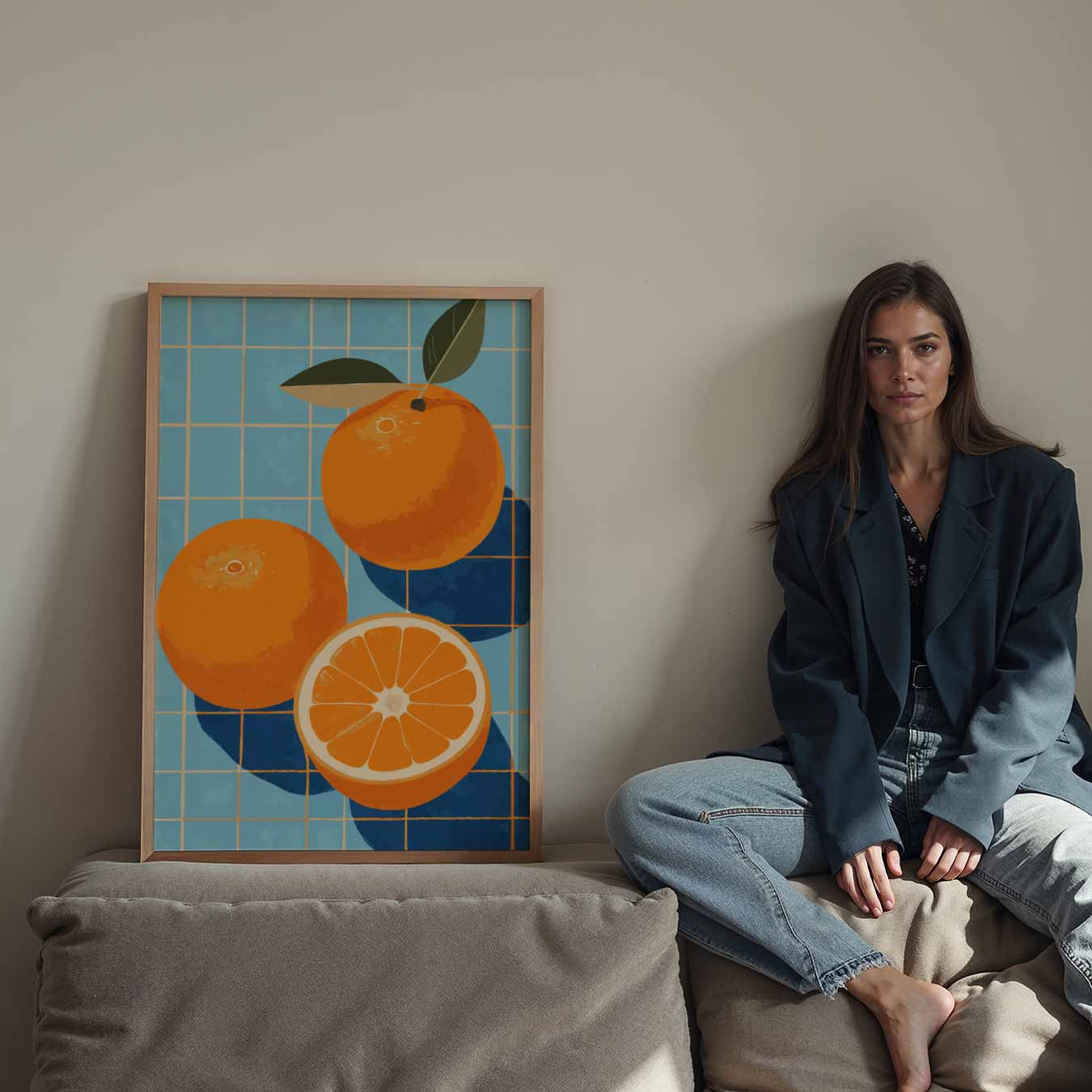 Zonnige Sinaasappels op Blauwe Tegels Poster-WallArtistic