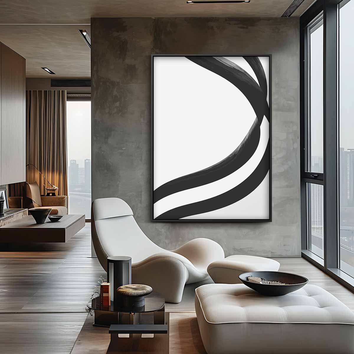 Stijlvolle Golven in Zwart & Wit Kunstwerk-canvas-dibond-plexiglas-wanddecoratie-WallArtistic
