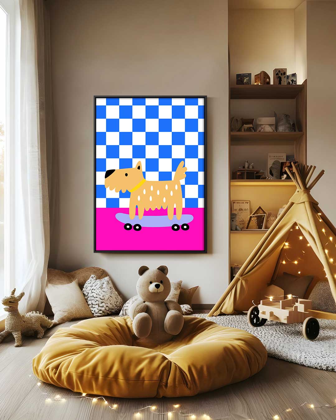 Hippe Hond op Skateboard Kunstwerk-canvas-dibond-plexiglas-wanddecoratie-WallArtistic