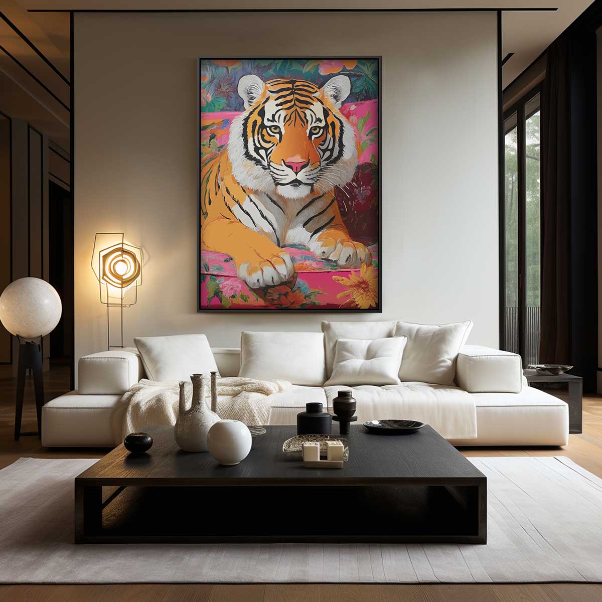 Tijger op Bloemenbank Kunstwerk-canvas-dibond-plexiglas-wanddecoratie-WallArtistic