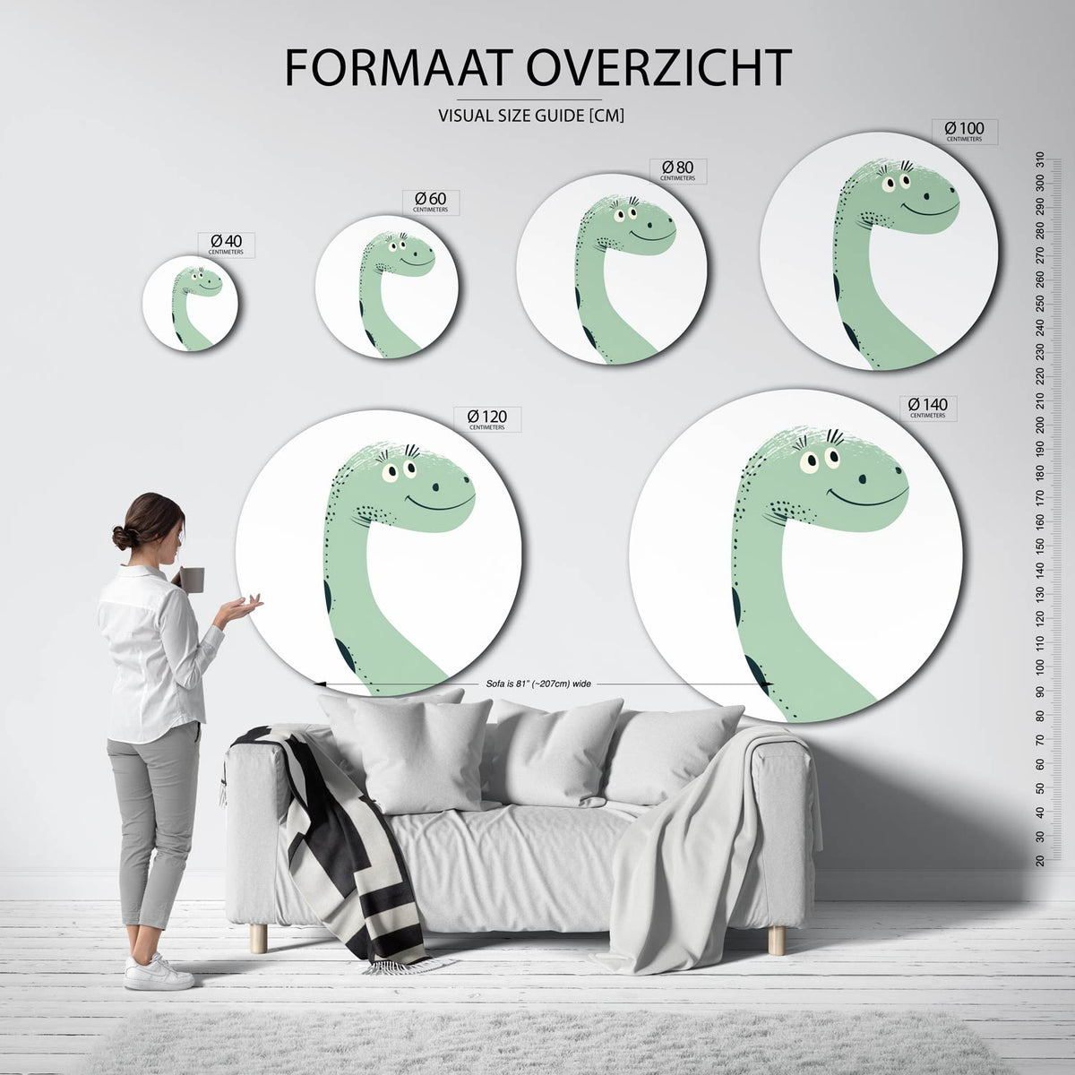 Dinosaurus illustratie Muurcirkel – extra productweergave – Een groene dinosaurus met een glimlach en zwarte stippen op een