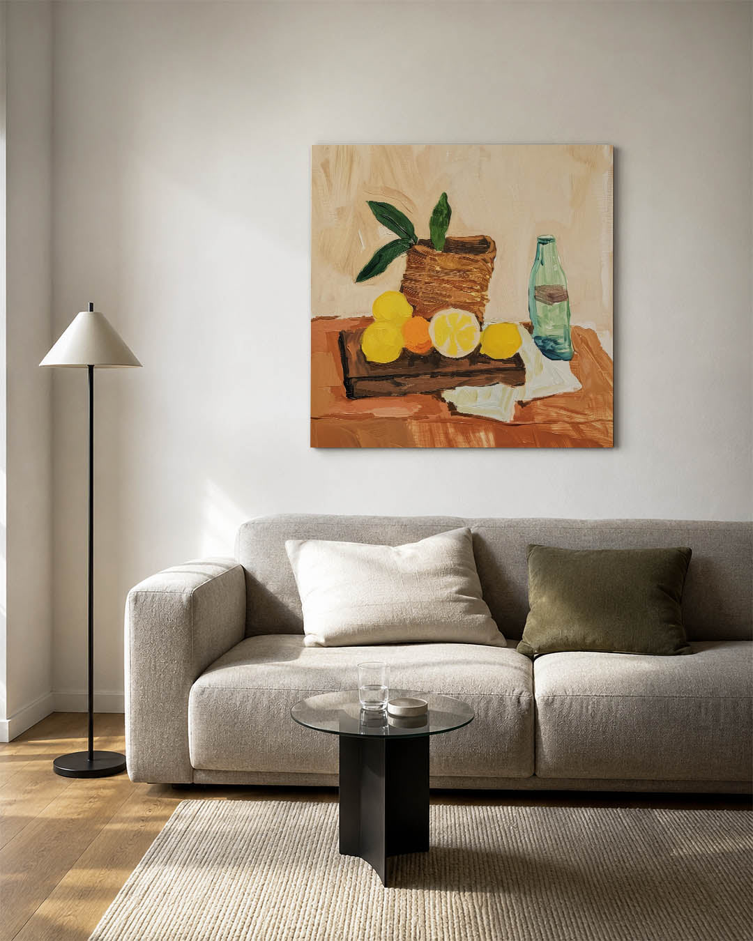 Fruit en fles compositie Kunstwerk