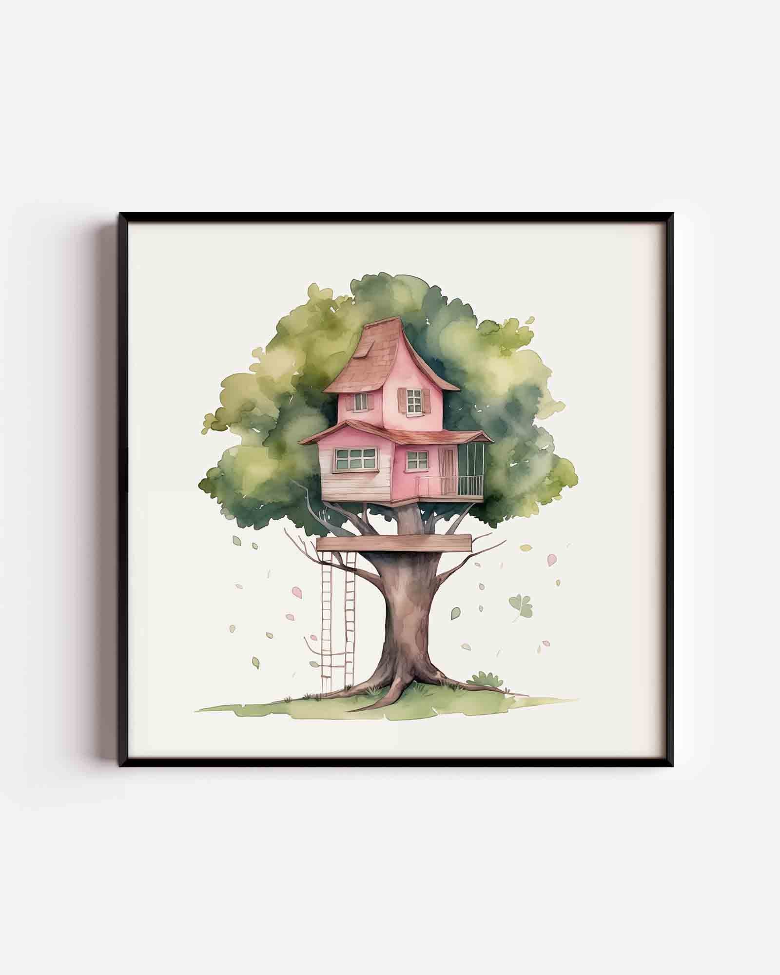 Boomhut met roze huis Poster