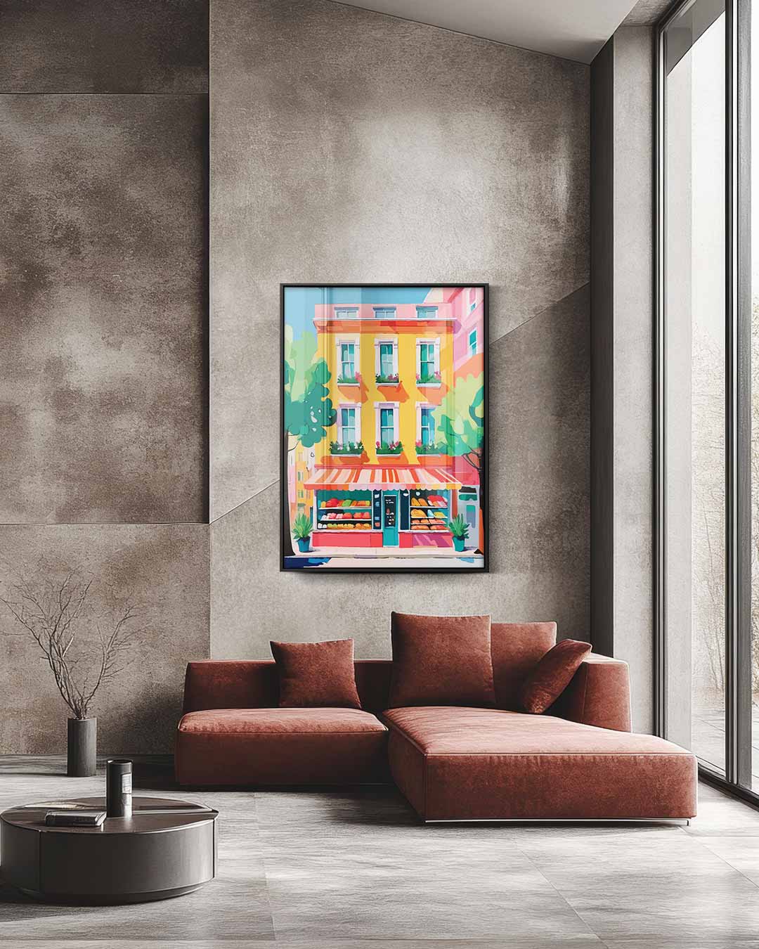 Kleurrijke Buurtbistro Voorgevel Kunstwerk-canvas-dibond-plexiglas-wanddecoratie-WallArtistic