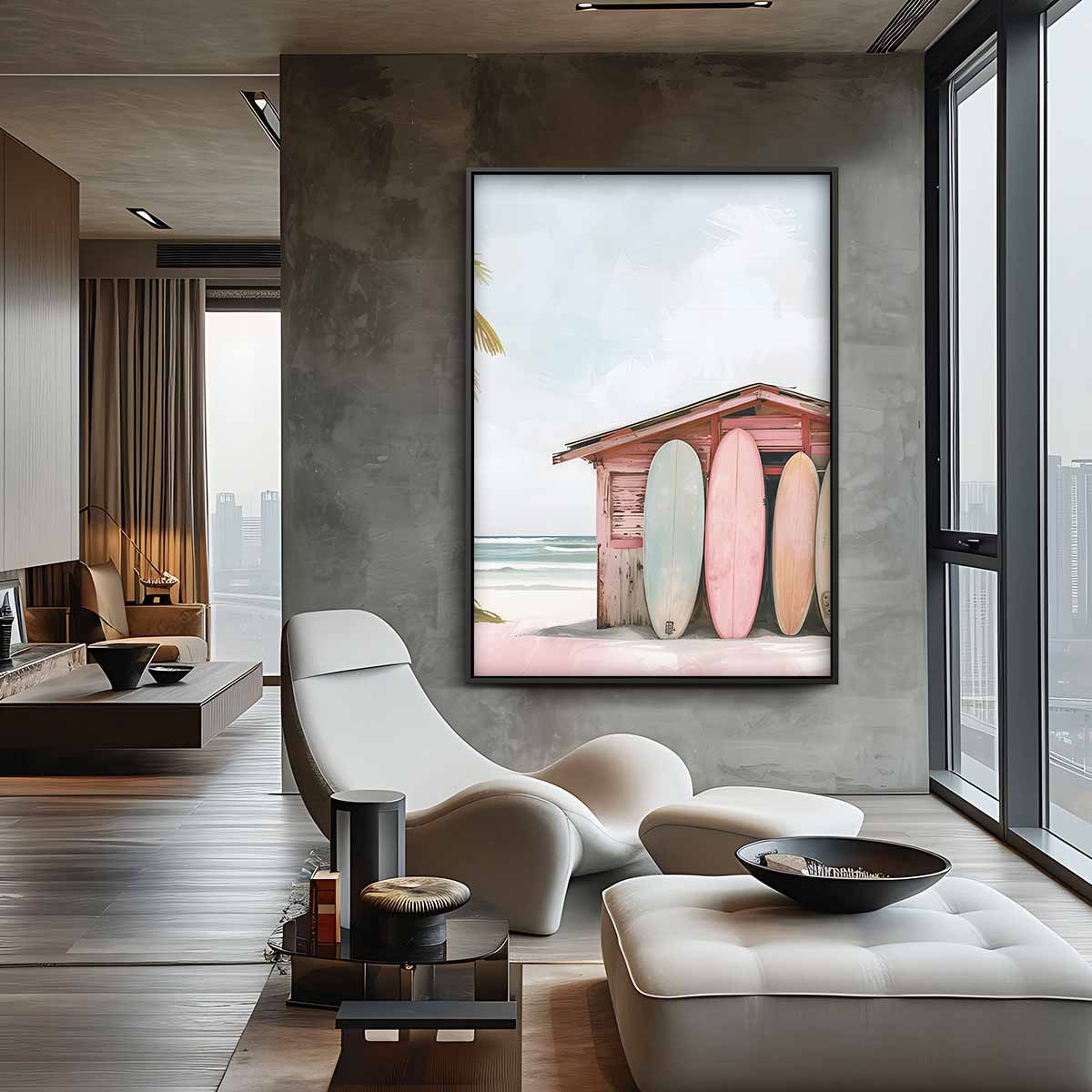 Strandhut met Surfplanken Kunstwerk-canvas-dibond-plexiglas-wanddecoratie-WallArtistic