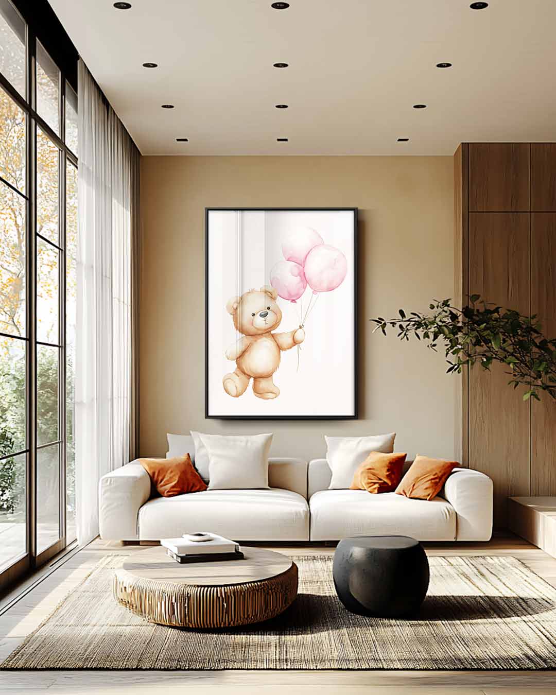 Lieve Beer met Roze Ballonnen Kunstwerk-canvas-dibond-plexiglas-wanddecoratie-WallArtistic