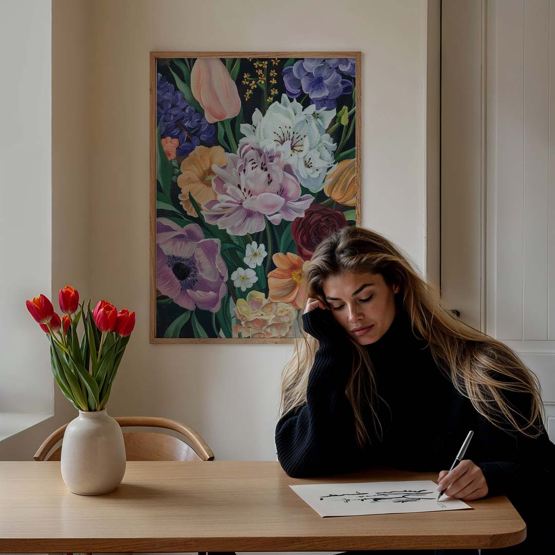 Bloemenpracht op Donkere Achtergrond Poster-WallArtistic