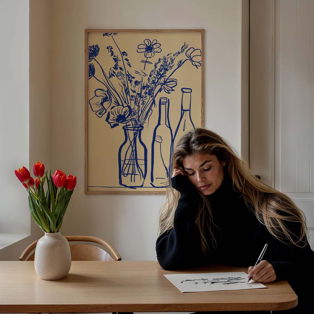 Bloemen en Flessen Lijntekening Poster-WallArtistic