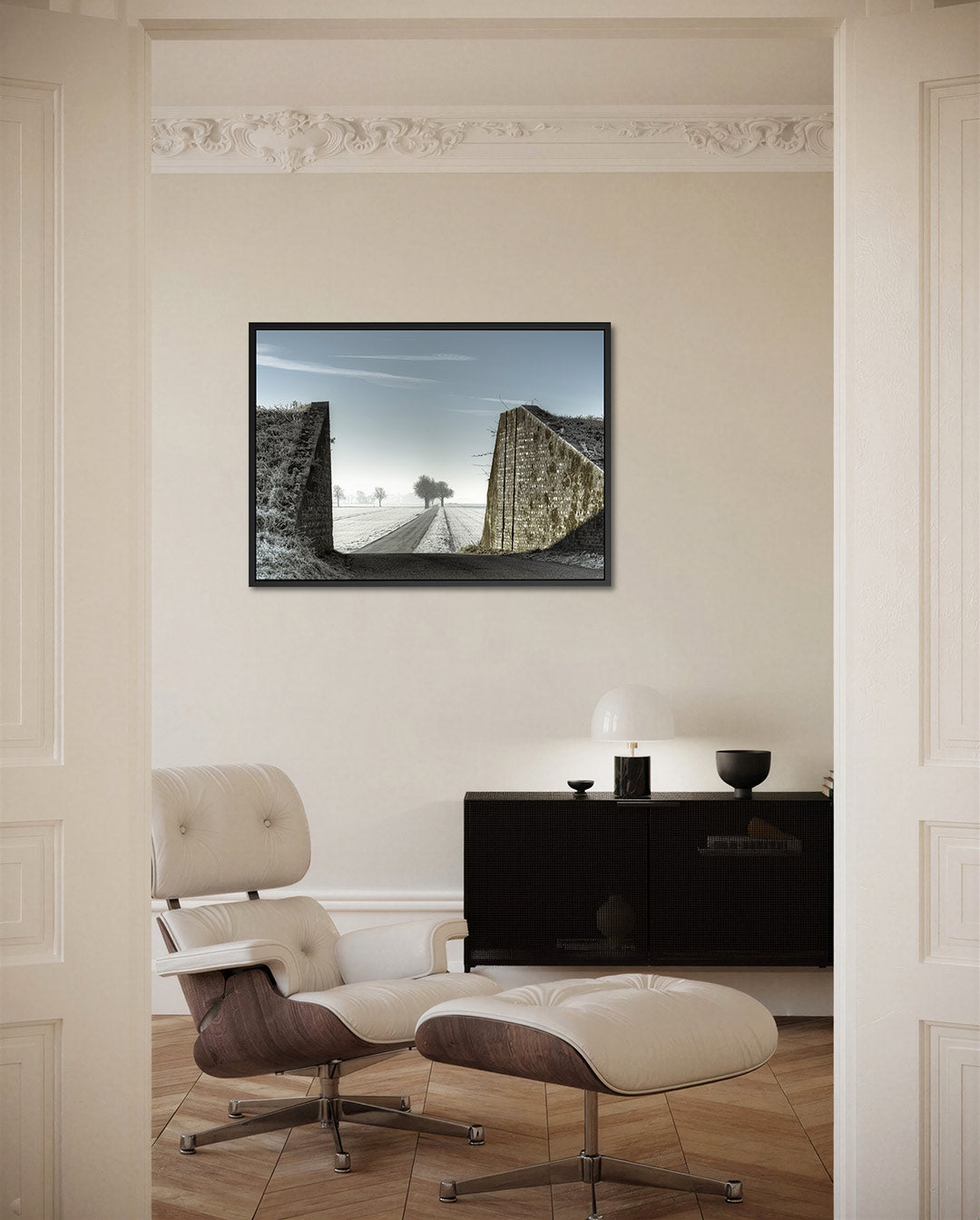 Winterlandschap met weg Kunstwerk
