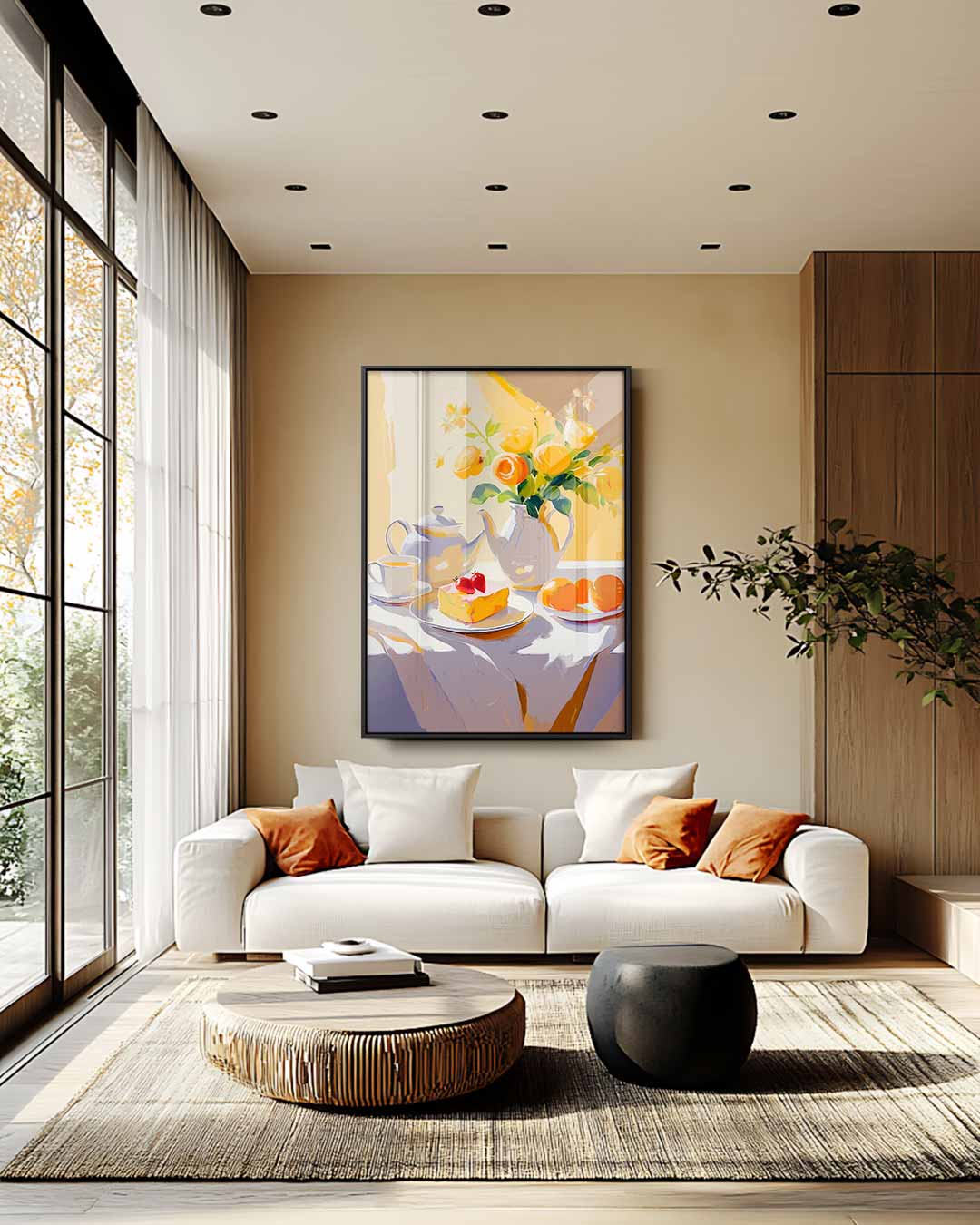 Zonovergoten Stilleven met Bloemen en Thee Kunstwerk-canvas-dibond-plexiglas-wanddecoratie-WallArtistic