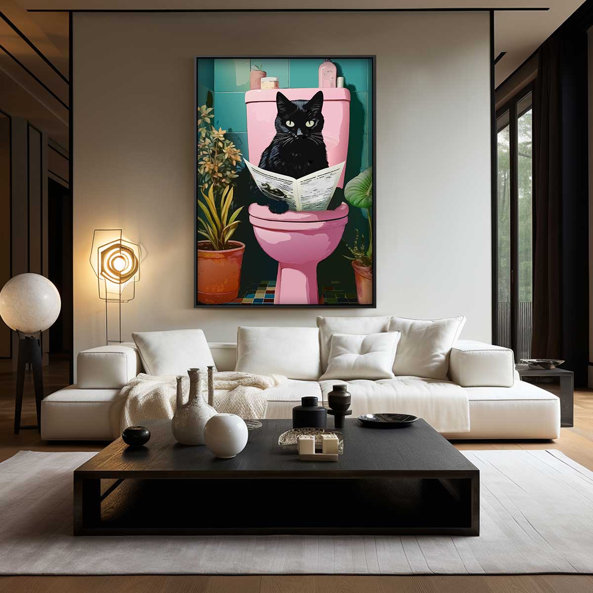 Kat op het Toilet Kunstwerk-canvas-dibond-plexiglas-wanddecoratie-WallArtistic