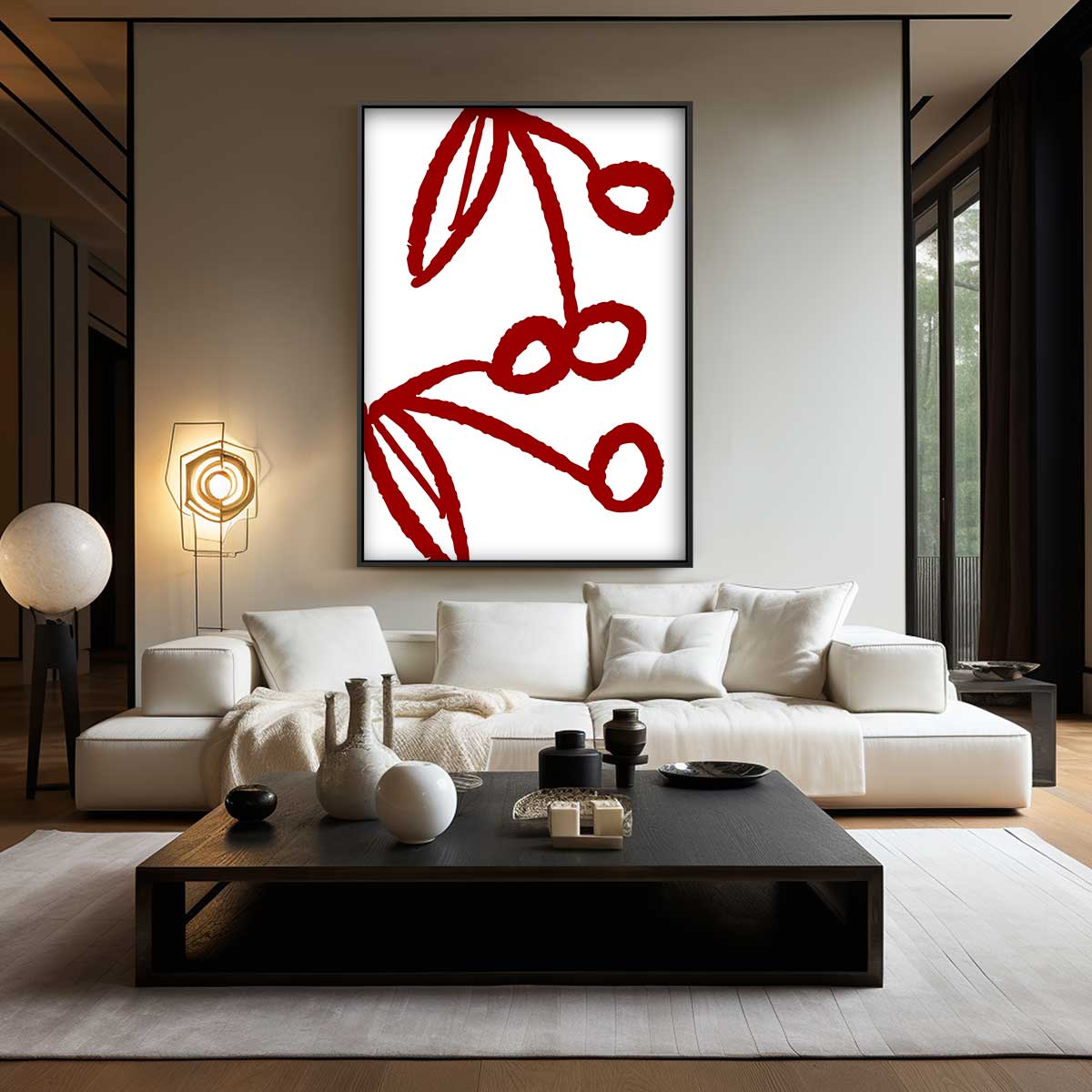 Speelse Kersenlijntekening Kunstwerk-canvas-dibond-plexiglas-wanddecoratie-WallArtistic