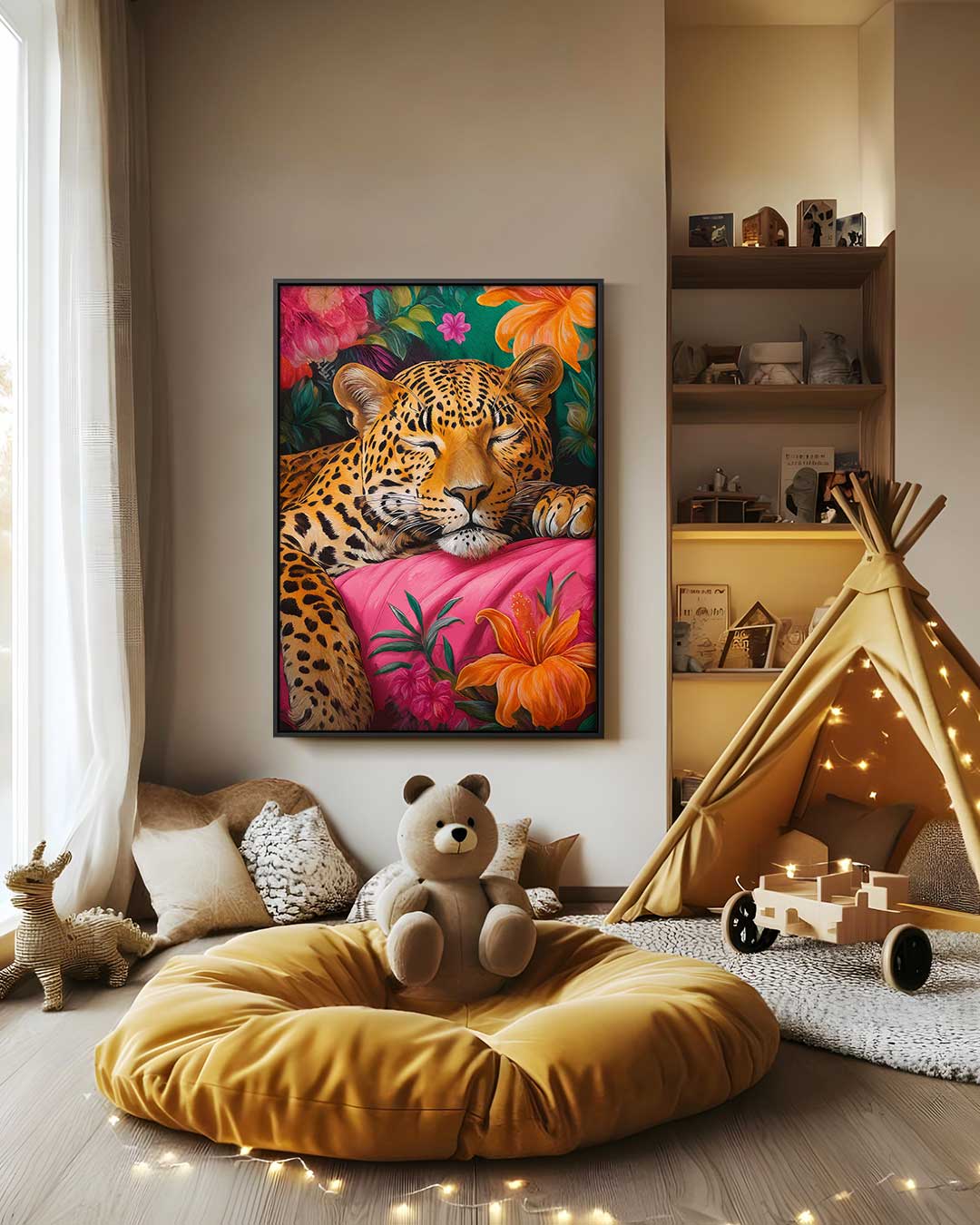 Dromerige Luipaard in Bloemenrijk Kunstwerk-canvas-dibond-plexiglas-wanddecoratie-WallArtistic