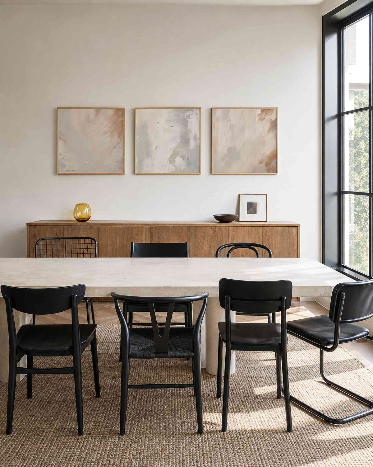 Interieurpresentatie van een driedelige vierkante posterset met abstracte beige schilderingen