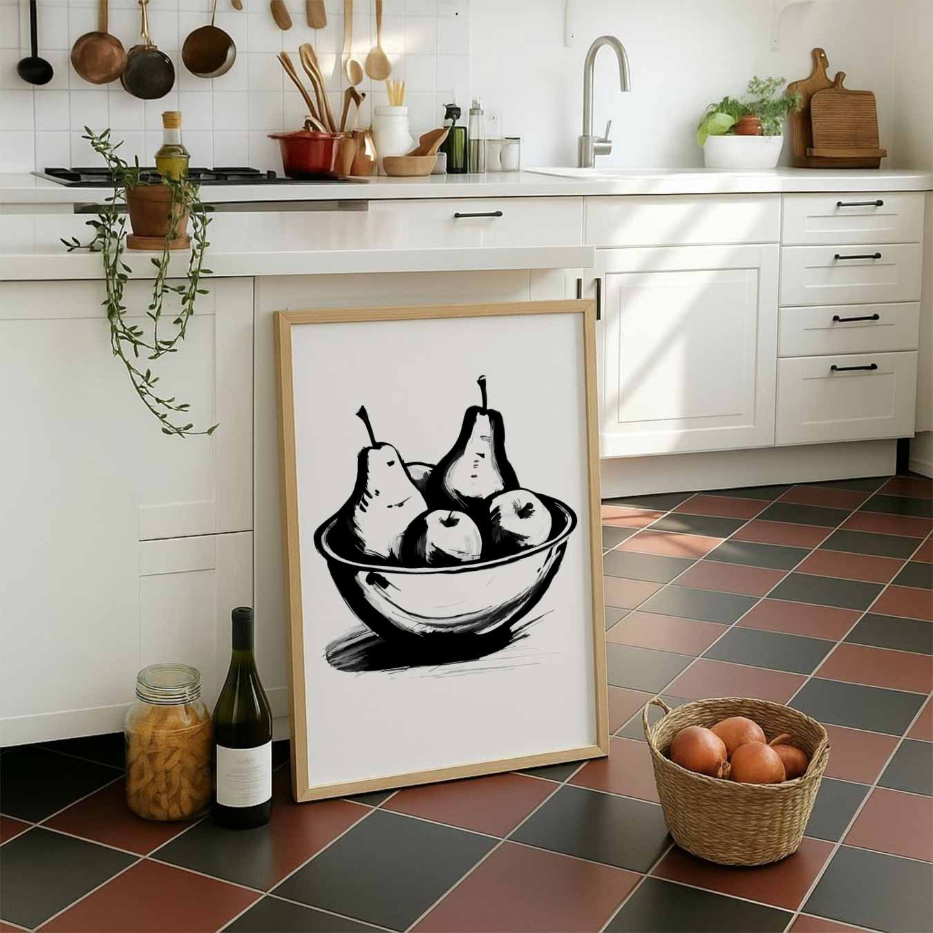 Elegante Zwart-Wit Fruitschaal Poster