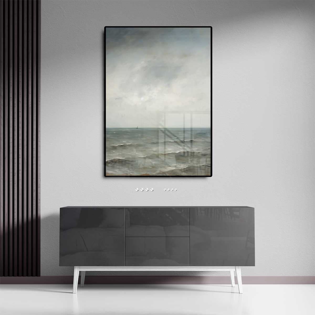 Rustige Zee onder Grijze Lucht Kunstwerk-canvas-dibond-plexiglas-wanddecoratie-WallArtistic