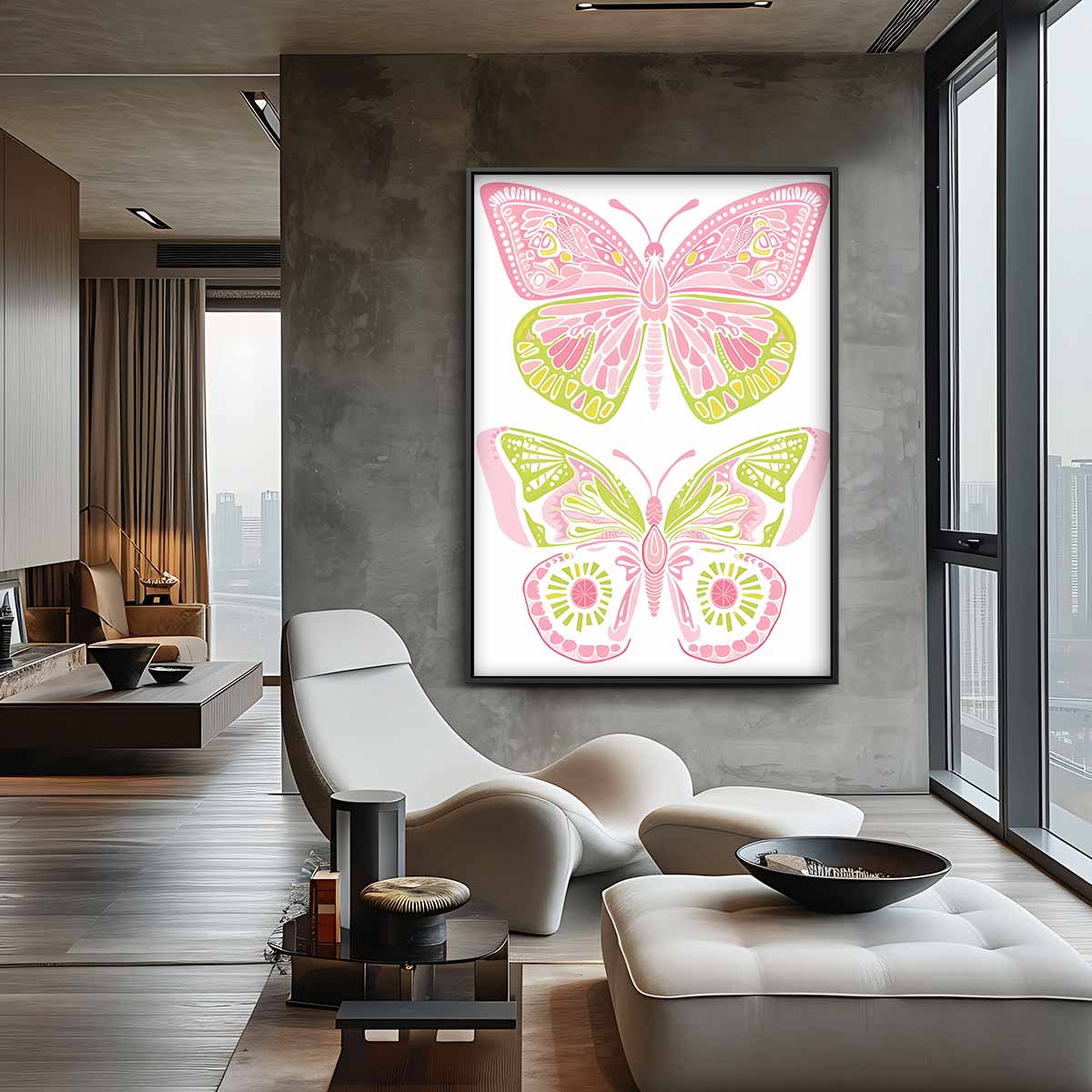 Vlinderdroom in Roze en Groen Kunstwerk-canvas-dibond-plexiglas-wanddecoratie-WallArtistic