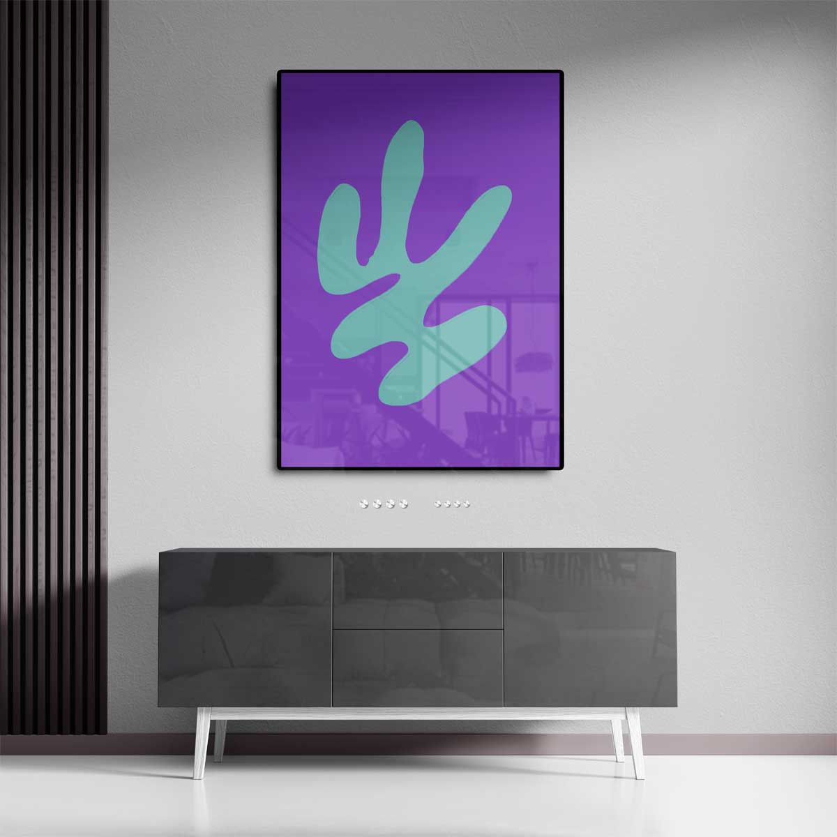 Abstracte Blauwe Vormen op Paars Kunstwerk-canvas-dibond-plexiglas-wanddecoratie-WallArtistic