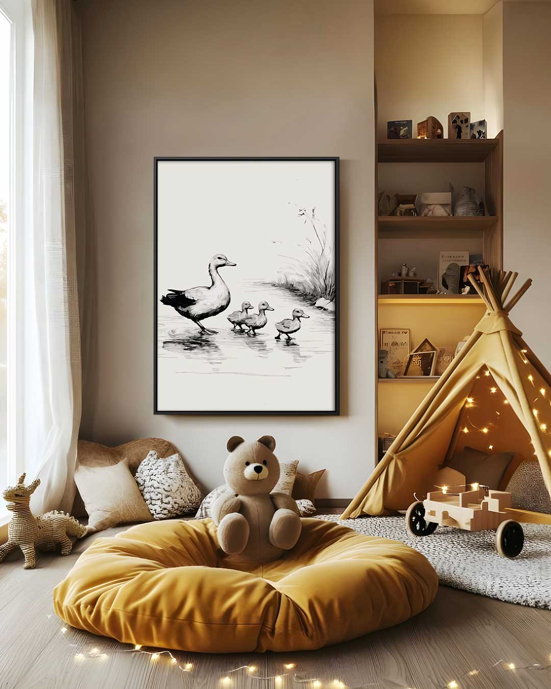 Schattige Eendenfamilie aan het Water Kunstwerk-canvas-dibond-plexiglas-wanddecoratie-WallArtistic